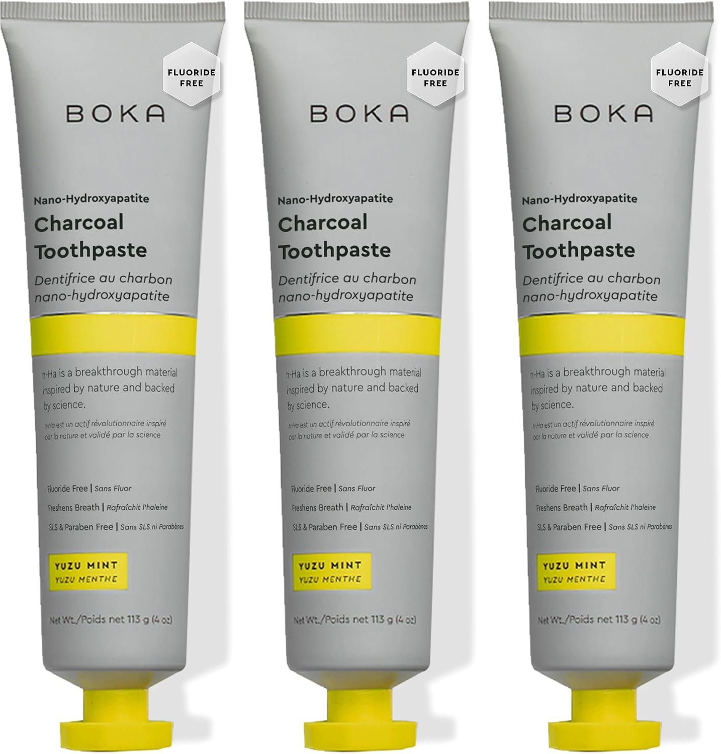 Boka Toothpaste – Fluoride Free Toothpaste, Nano Hydroxyapatite Toothpaste | Appropriate for Sensitive Teeth – Adult Oral Care – Charcoal Yuzu Mint – 4 Oz, 3PK