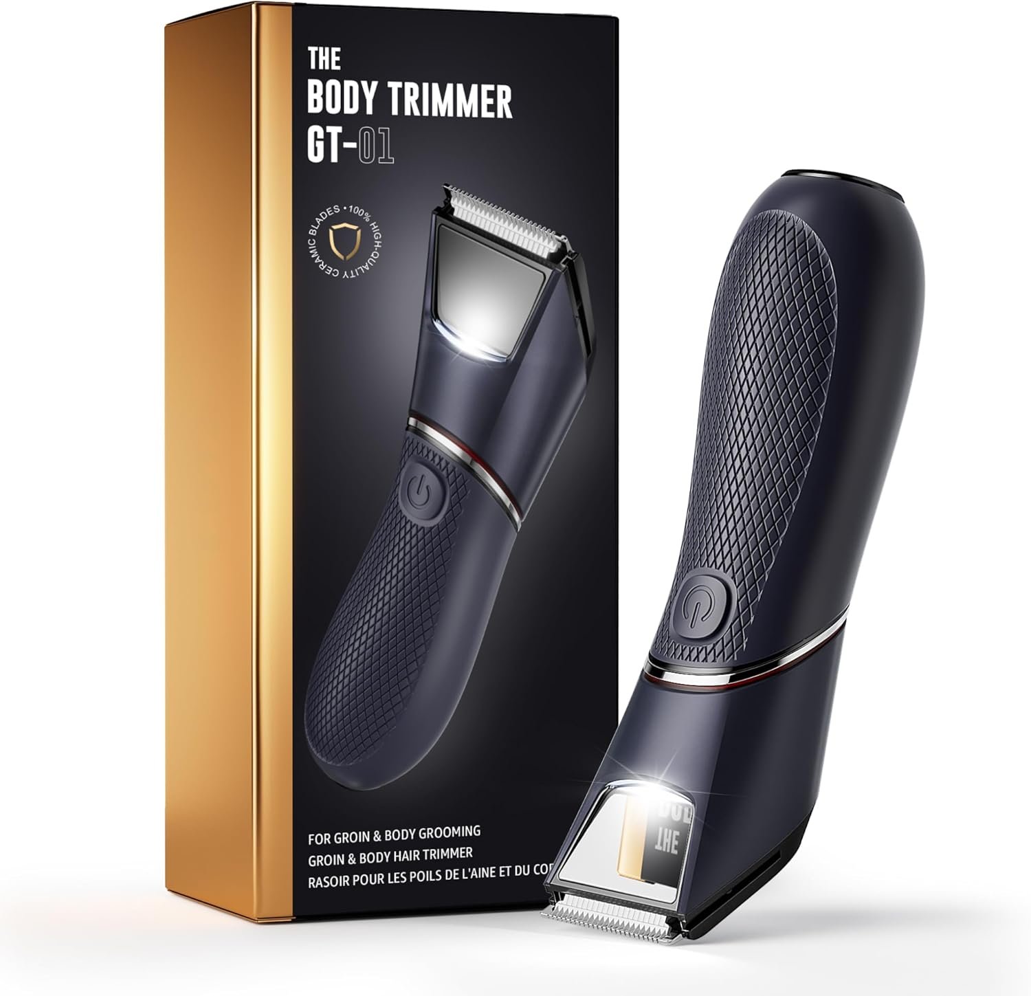 Body Hair Trimmer for Men:Pubic Hair Trimmer with Mirror & LED – IPX7 Waterproof Ceramic Blade Electric Ball Shaver, Wet or Dry Body Groomer with Travel Lock