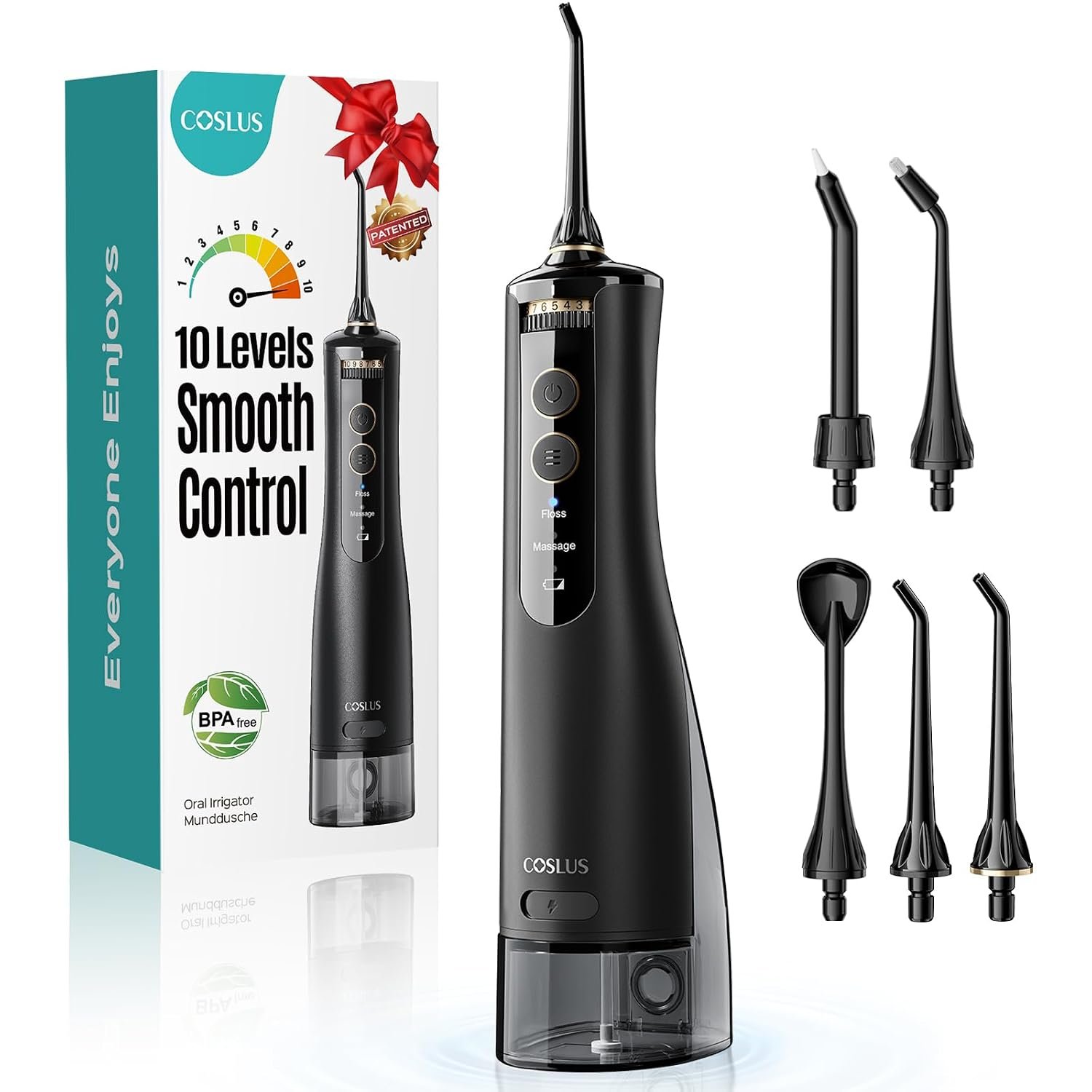 COSLUS ADA Accepted E40 Water Dental Flosser, 10 Pressure Levels Easy Use | Professional Water Dental Pick, Safe for Orthodontic, Braces & Sensitive Teeth Gums, Cordless for Travel, Family Use, Black