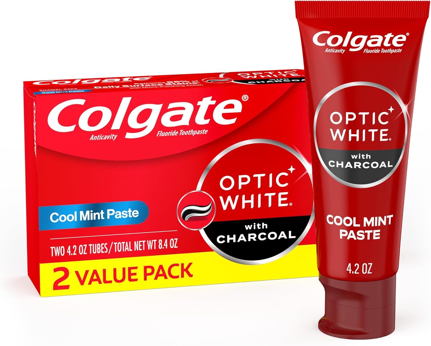 Colgate Optic White Whitening Toothpaste with Charcoal, Whitening with Charcoal Toothpaste Pack, Removes Daily Surface Stains, Enamel-Safe for Daily Use, Vegan, Cool Mint Paste, 2 Pack, 4.2 oz