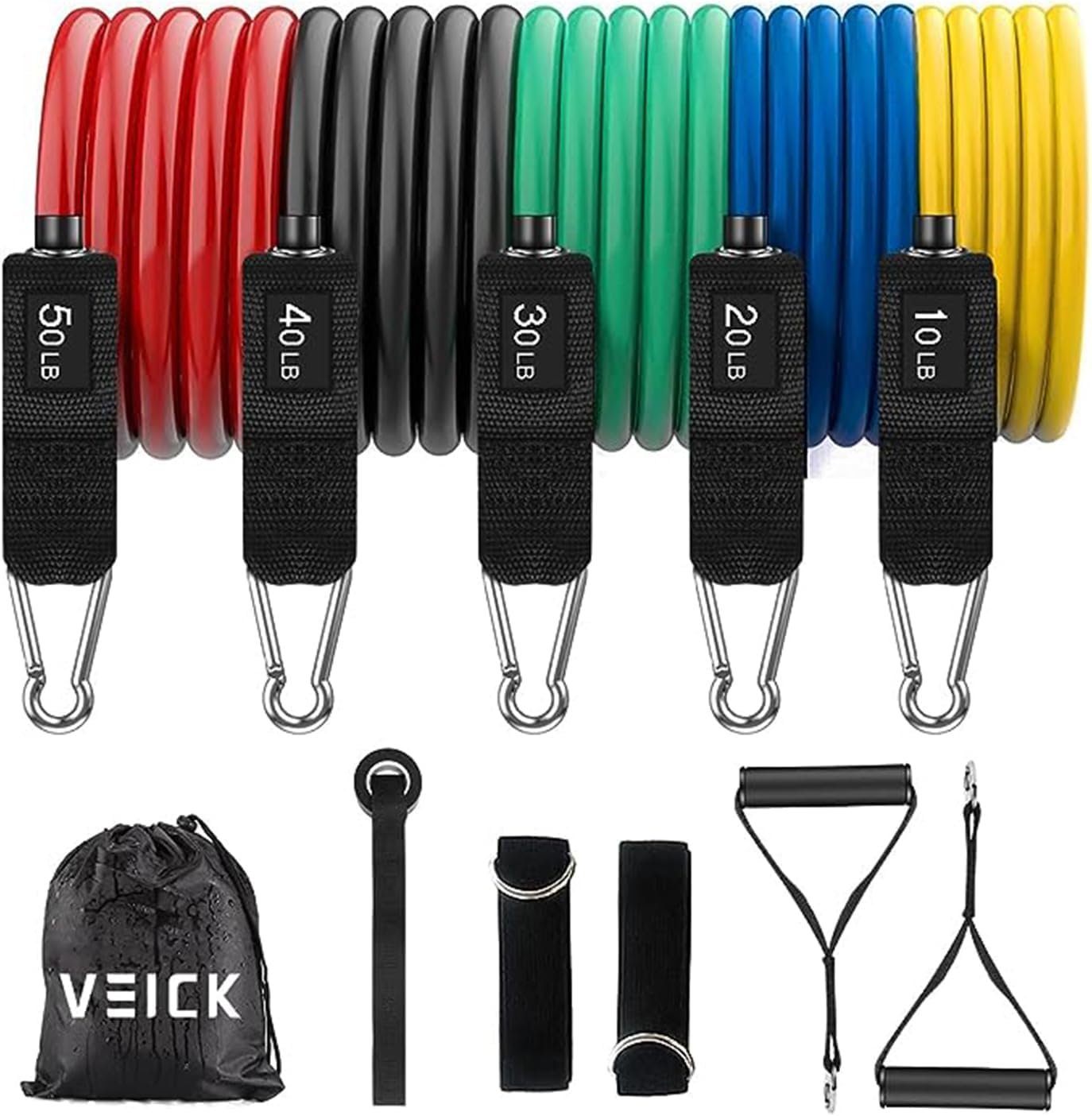VEICK 10-150LBS Resistance Bands with Handles, Ankle Straps, Door Anchor | Accredited Lab Certified, 100% Natural Latex, Versatile for Yoga, Pilates, Strength, Home Gym