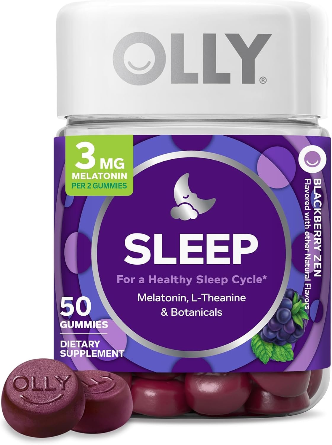 OLLY Sleep Gummies for Adults, 3 mg Melatonin Gummies with L-Theanine, Sleep Support for Restful Sleep*, Non-Habit Forming Sleep Support*, Blackberry Zen, Gluten Free, 50 Count