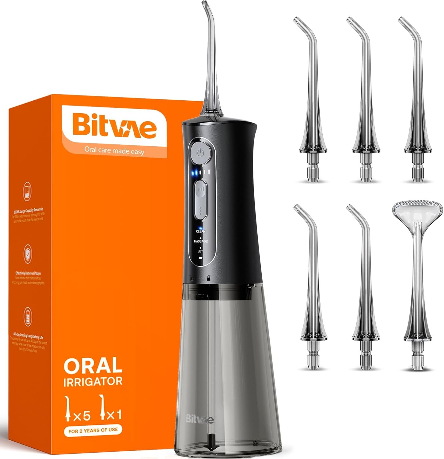 Bitvae Water Dental Flosser for Teeth, Cordless Water Teeth Cleaner Picks | 3 Modes 5 Intensities, IPX7 Waterproof, Rechargeable Water Dental Picks for Cleaning Black