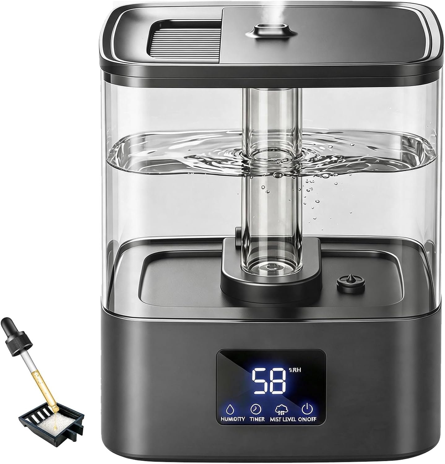 KZF 4L Top Fill Humidifiers for Bedroom & 40H Runtime – Cool Mist Humidifier, 3 Mist Levels, 8H Timer, Essential Oil Tray, Humidity Display, Quiet for Baby, Plants, Large Room (Black, 4L)