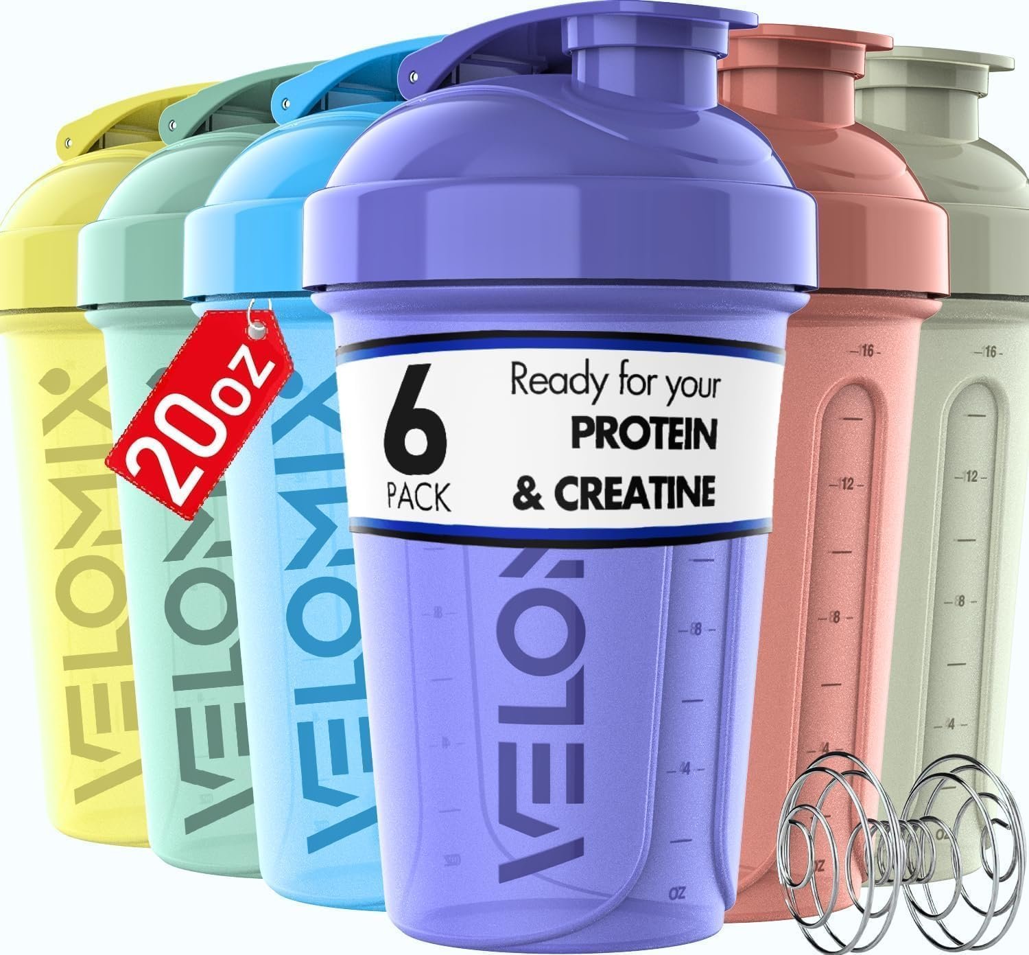 VELOMIX 6 Pack 20oz Shaker Cups for Protein Shakes, Pastel Shades | 6x Wire Whisk, Leak Proof Protein Shaker Bottle for Protein Mixes, Stackable, Multipack Value Set for Home, Gym and Car
