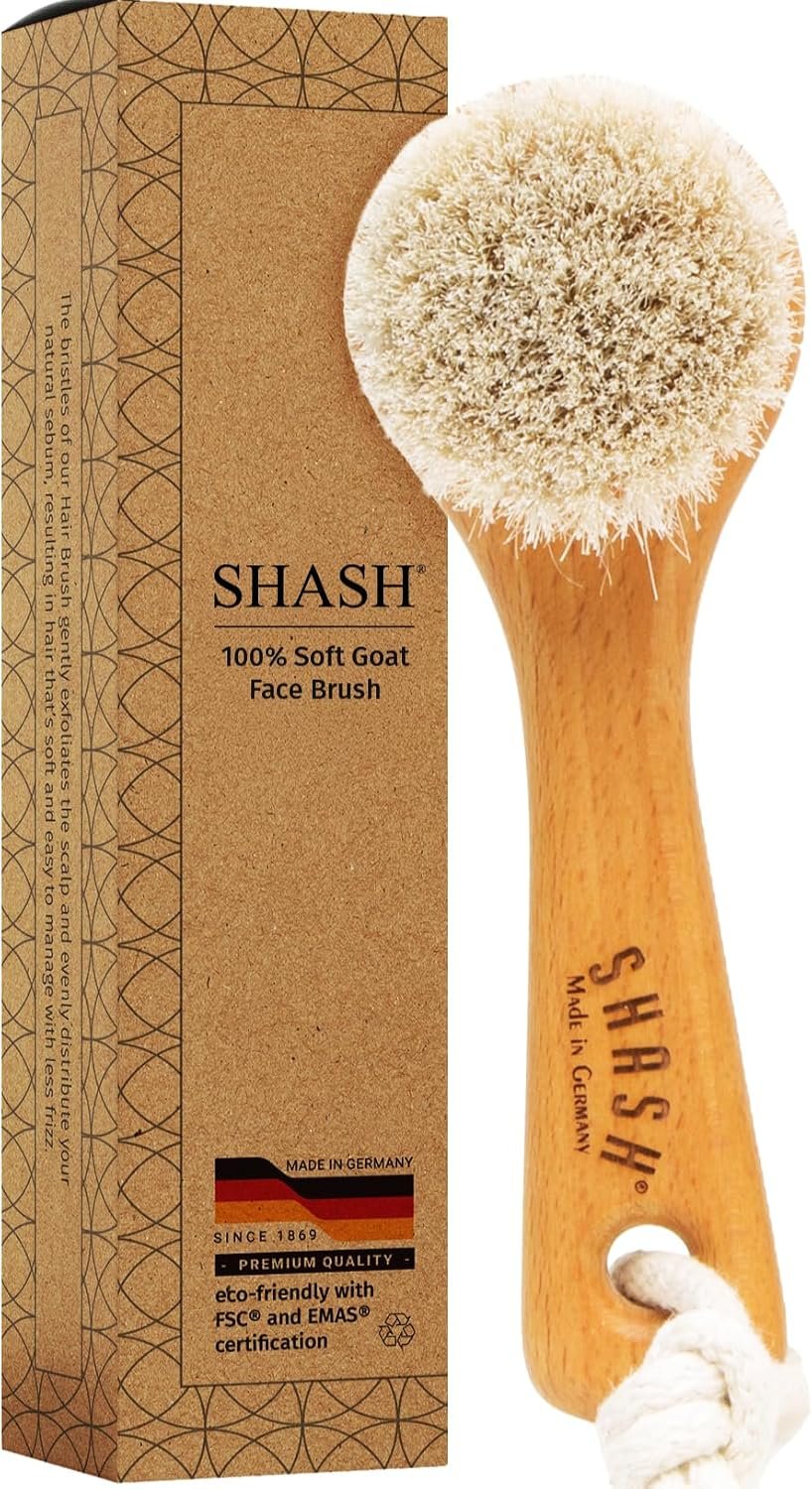 SHASH Since 1869 Hand Made in Germany – Sustainable Exfoliating Face Brush, Scrub Cleansing Brush, Exfoliates Skin to Help Reduce Flaking, Fine Lines, Supports Glowing Complexion (Soft Goat Bristle)