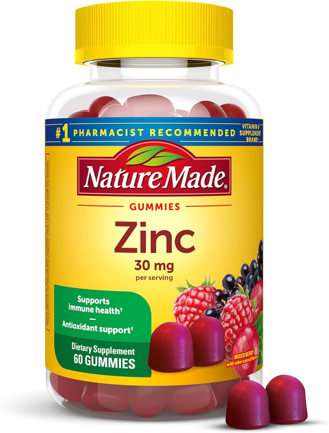 Nature Made Zinc Supplements 30 mg Per Serving, 60 Zinc Gummies | Dietary Supplement for Immune Health and Antioxidant Support, Gluten Free, Mixed Berry Flavor, 30 Day Supply