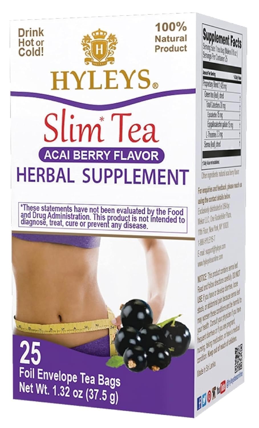 HYLEYS Slim Tea Acai Berry, Weight Loss Detox, Slimming Diet Tea, 25 Bags | Green Tea, Senna Detox & Cleanse, 3 Natural Ingredients, No Added Sugar, 1-Step Bedtime Routine, Supports Digestion