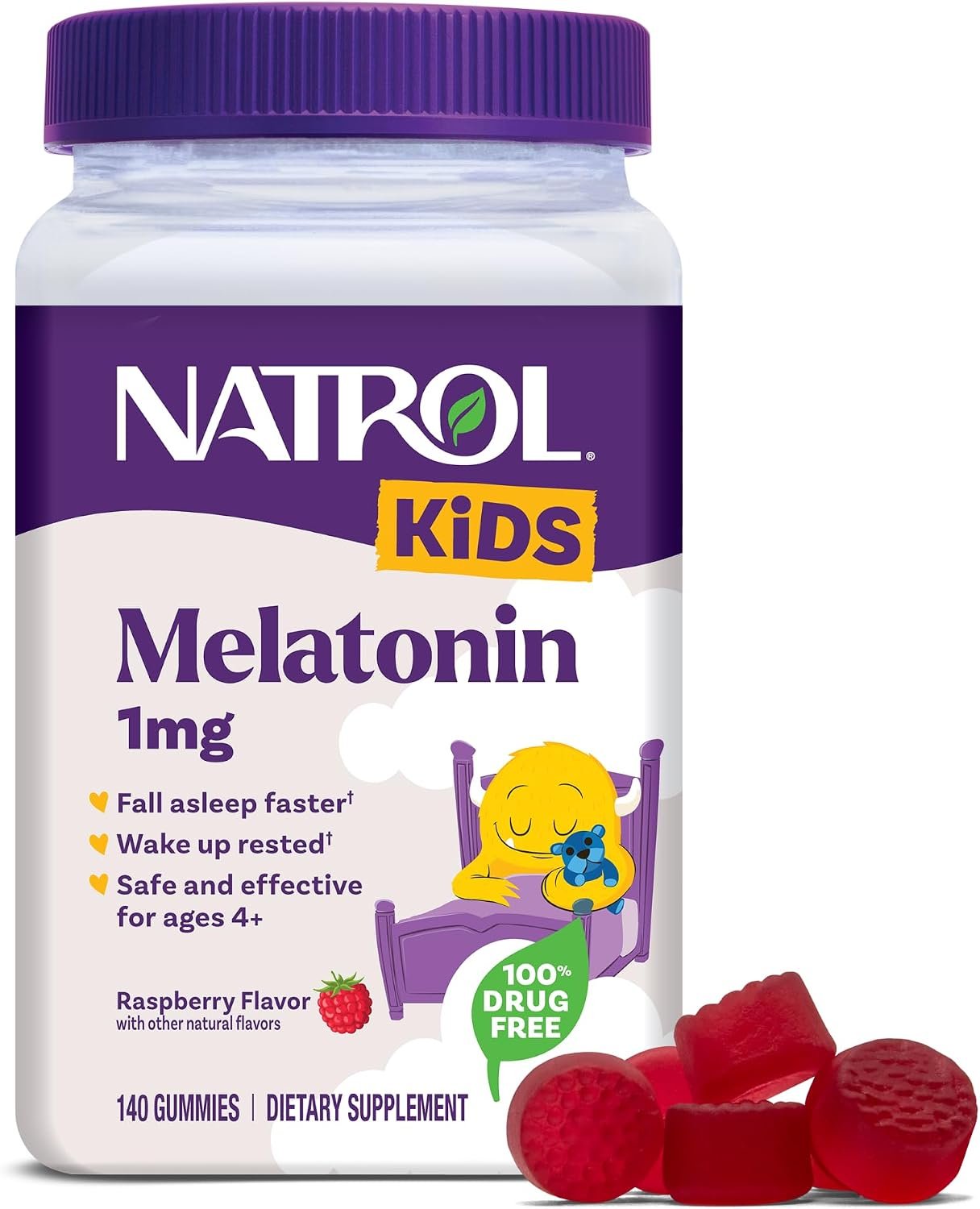 Natrol Kids Melatonin Gummies 1mg, Restful Sleep, 140 Raspberry Gummies