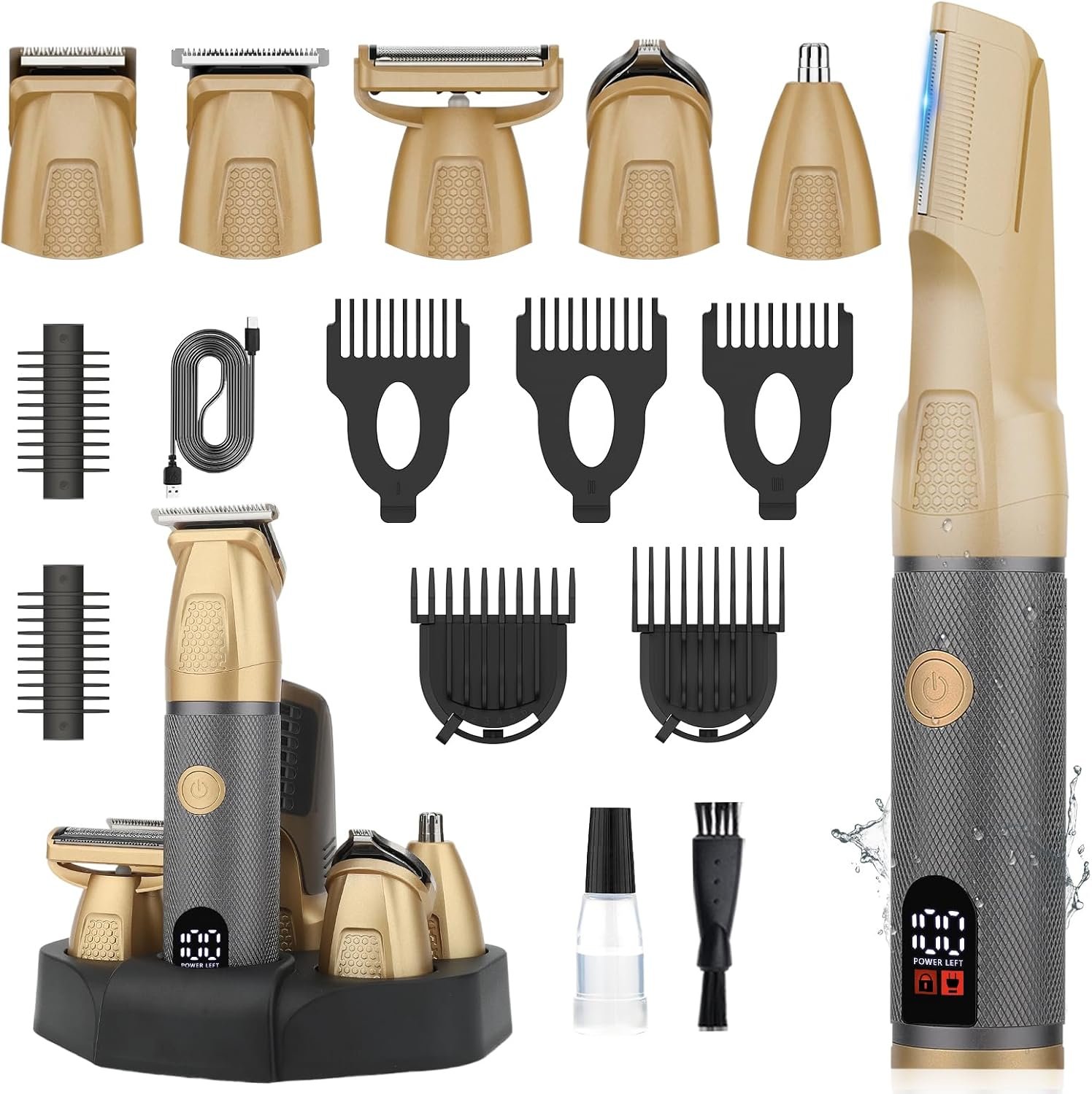 Manscaper Men Face Body Trimmer Beard Groin Hair Groomers Waterproof | Smooth no‑nick trim, nose trimmer head, LED screen, rechargeable Type‑C dock charger, 6‑in‑1 mens grooming travel kit