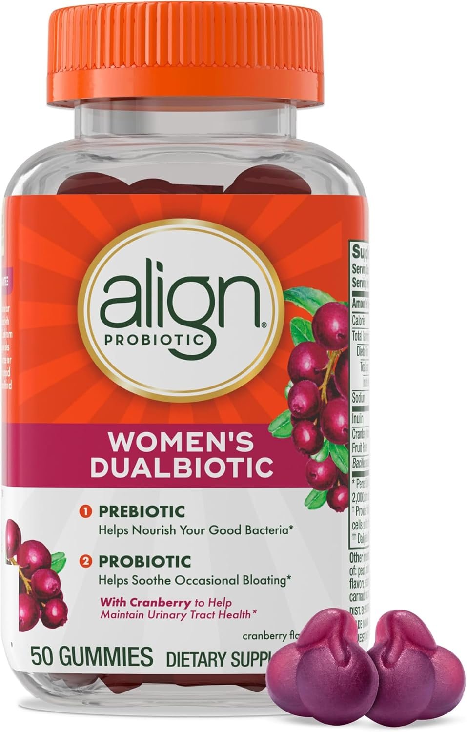 Align Probiotic, Women’s Dualbiotic, Womens Probiotic Gummies, Prebiotics and Probiotics for Women, with Cranberry for Urinary Tract Health*, Cranberry Flavor, 50 Gummies