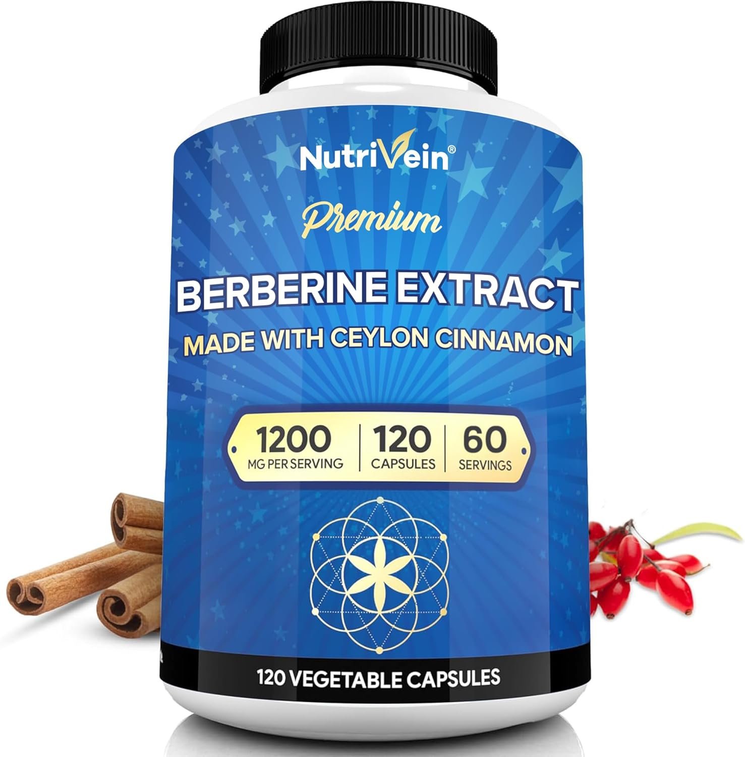 Nutrivein Premium Berberine 1200 mg with Ceylon Cinnamon – 120 Capsules: High-Absorption Berberine Supplement for Defenses, Digestion, & Metabolism
