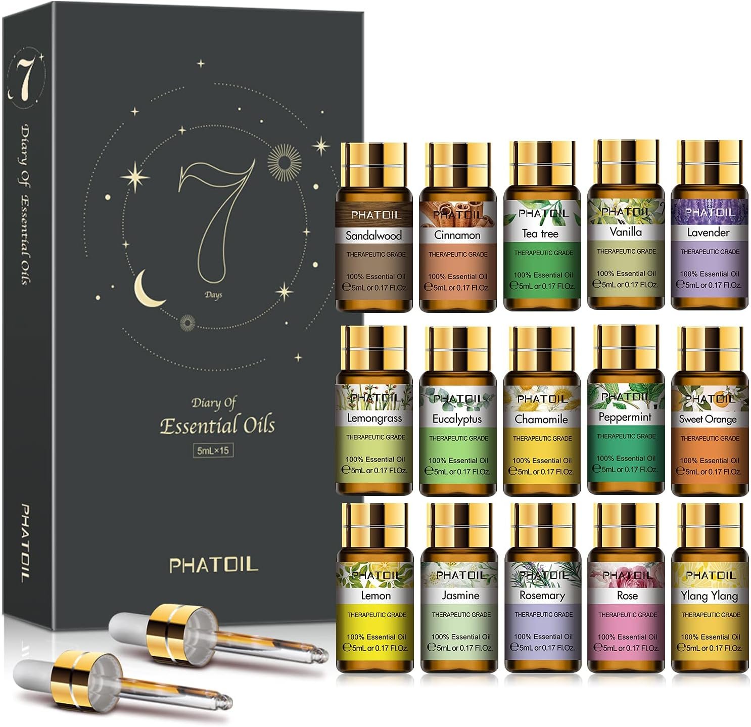 PHATOIL Essential Oils Gift Set, Aromatherapy Oil for Diffuser, Skin Care | 100% Natural and Pure, Ideal for Massage, Humidifier, Home, DIY Candle Soap Making, 15 x 5ml