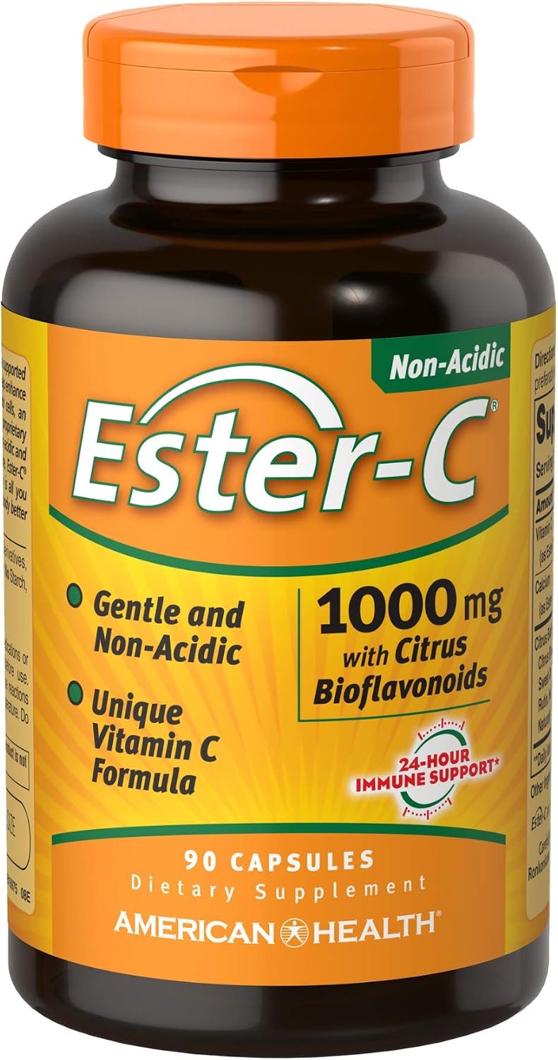 Ester-C American Health with Citrus Bioflavonoids Capsules – 24-Hour Immune Support, Gentle On Stomach, Non-Acidic Vitamin C – Non-GMO, Gluten-Free – 1000 mg, 90 Count