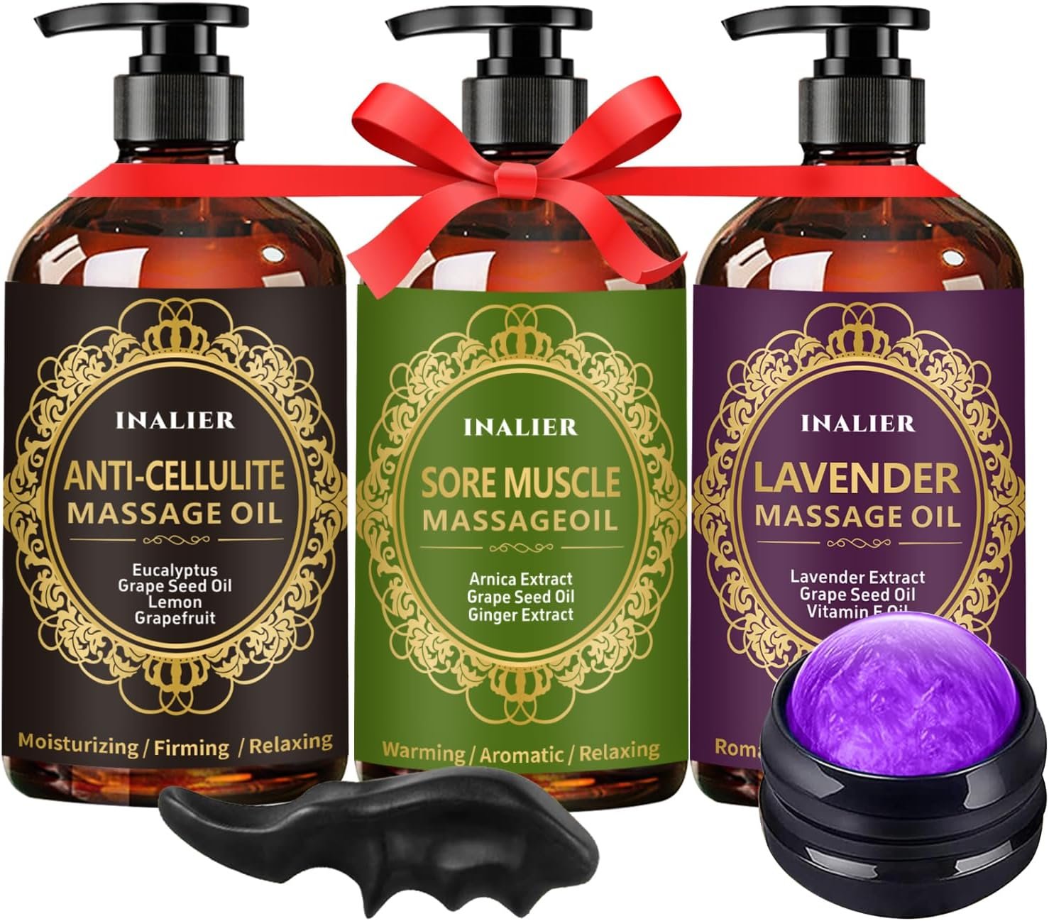 Massage Oil for Massage Therapy,3 Pack Cellulite Massage Oil,Sore Muscle Arnica Oil & Lavender Massage Body Oil with Massage Ball & Thumb Saver Tool,Mens Gifts,Birthday Gifts for Women and Men