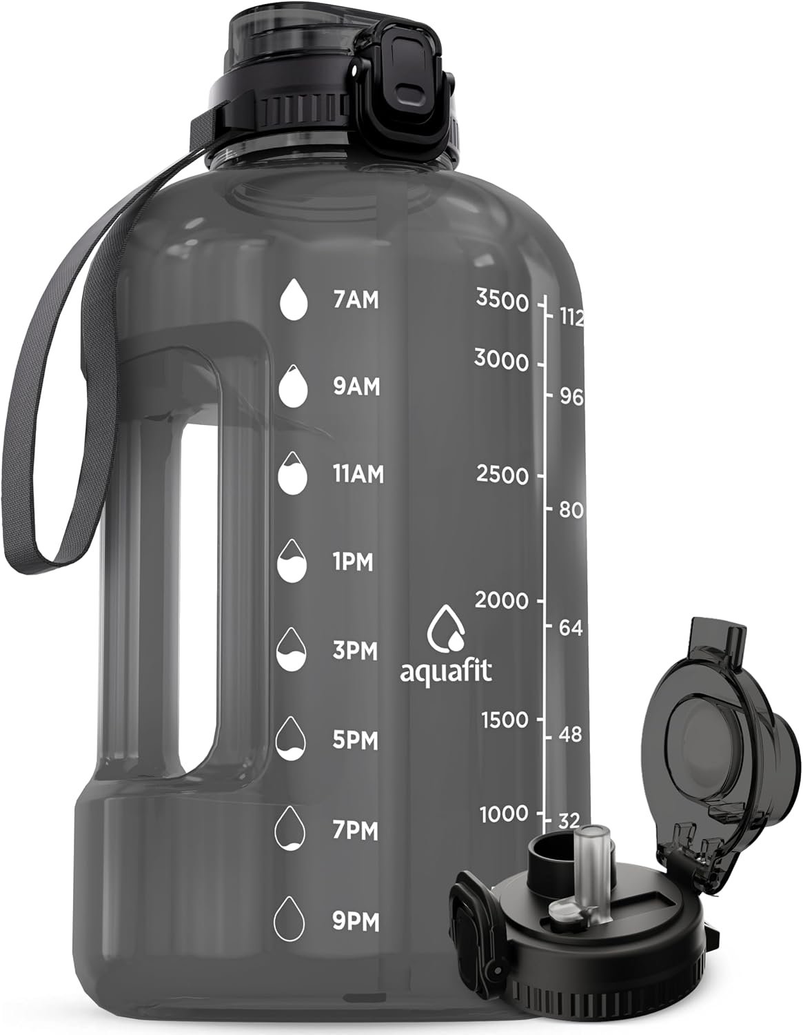 AQUAFIT Gallon Water Bottle with Time Marker, 2in1 Lid | BPA Free 128 oz Water Bottle with 2in1 Straw and Chug Lid – Leakproof Gym Water Bottle with Carry Handle (Gray)