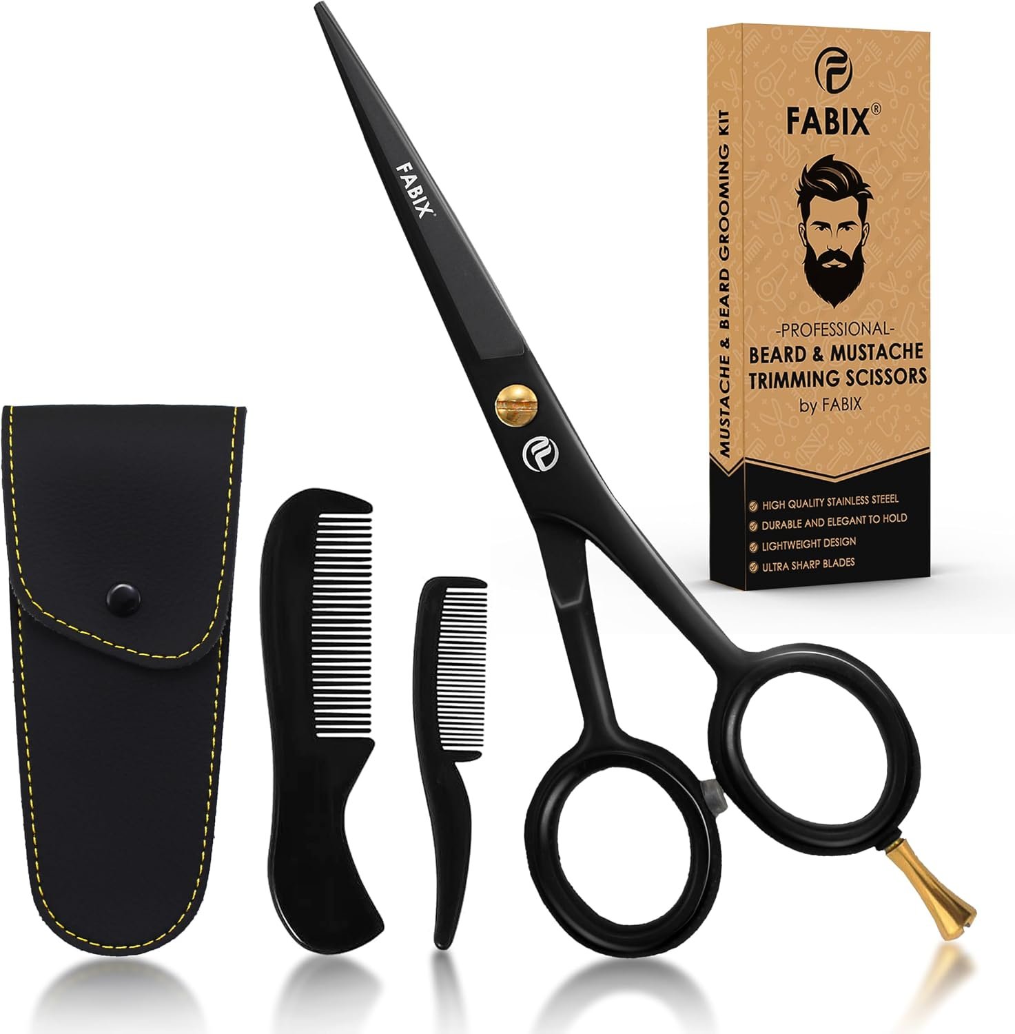 5” Professional Beard Mustache Scissors with 1 Beard Comb, 1 Mustache Comb and Travel Pouch – Perfect Beard Trimming Scissors for All Facial Hair Scissors – Grooming Scissors