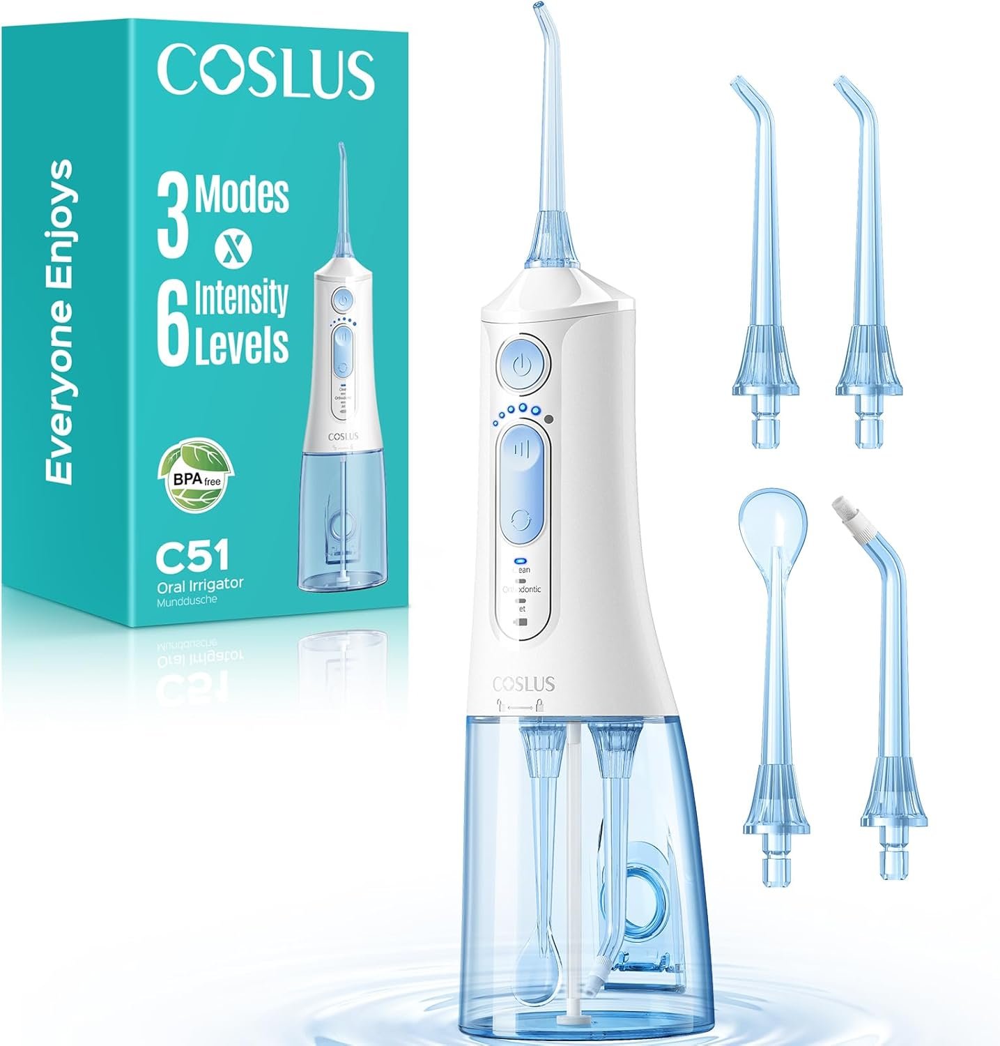 COSLUS ADA Accepted C51 Water Dental Flosser for Teeth, 3 Modes 6 Pressure | Water Dental Pick for Orthodontic, Braces, Sensitive Gums, Multiple Users, Compact for Travel Built-in Nozzle Storage, White