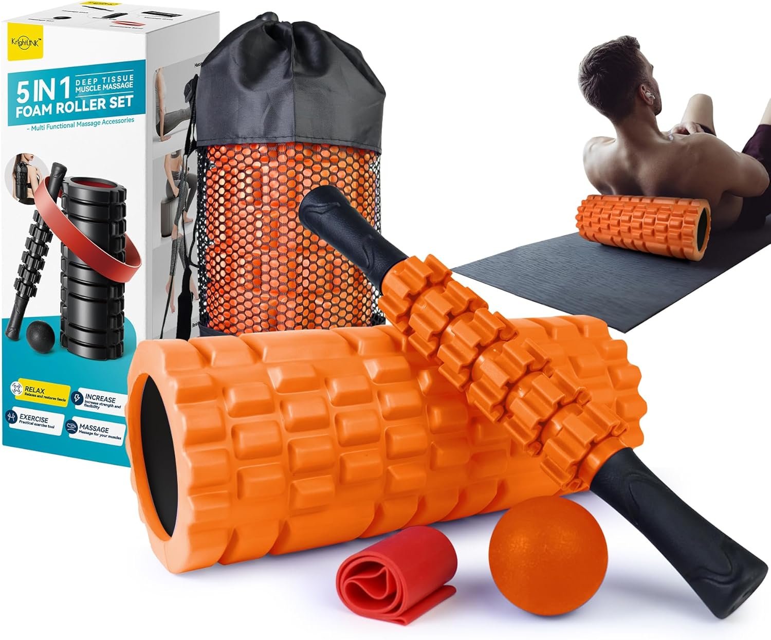 Krightlink 5 in 1 Foam Roller Set Trigger Point Exercise Foam Roller | Deep Tissue Muscle Massage Fitness Foam Roller, Massage Roller, Massage Ball, Stretching Strap, for Whole Body Orange