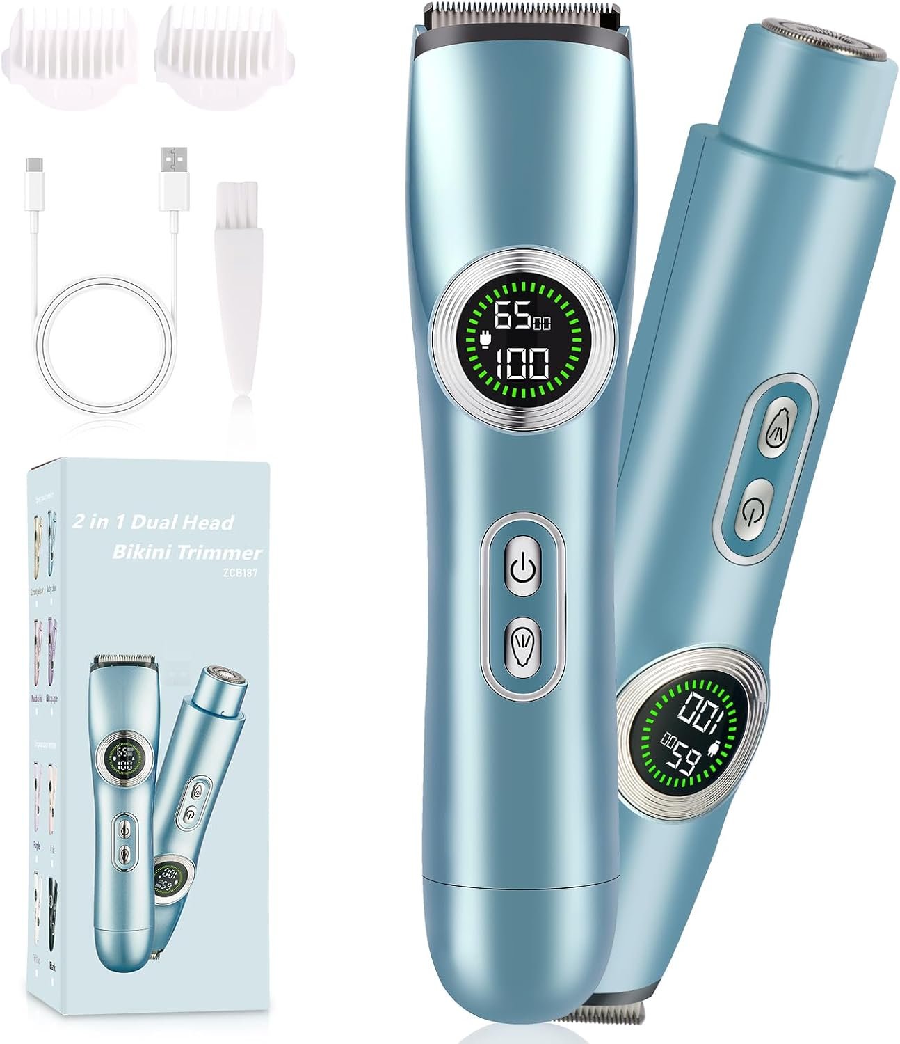 Electric Razors for Women, 2-in-1 Bikini Trimmer with Built-in LED Light and 0-100% Digital Display, IPX7 Waterproof Cordless Sized Lady Shaver for Private Area