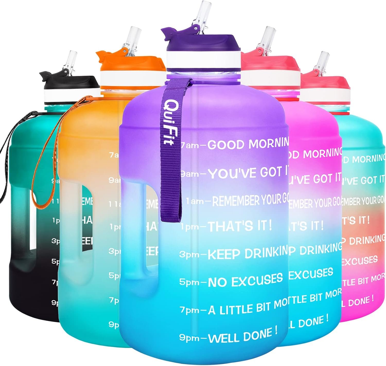 QuiFit Motivational Gallon Water Bottle – with Straw & Time Marker BPA Free Large Reusable Sport Water Jug with Handle for Fitness Outdoor Enthusiasts Leak-Proof