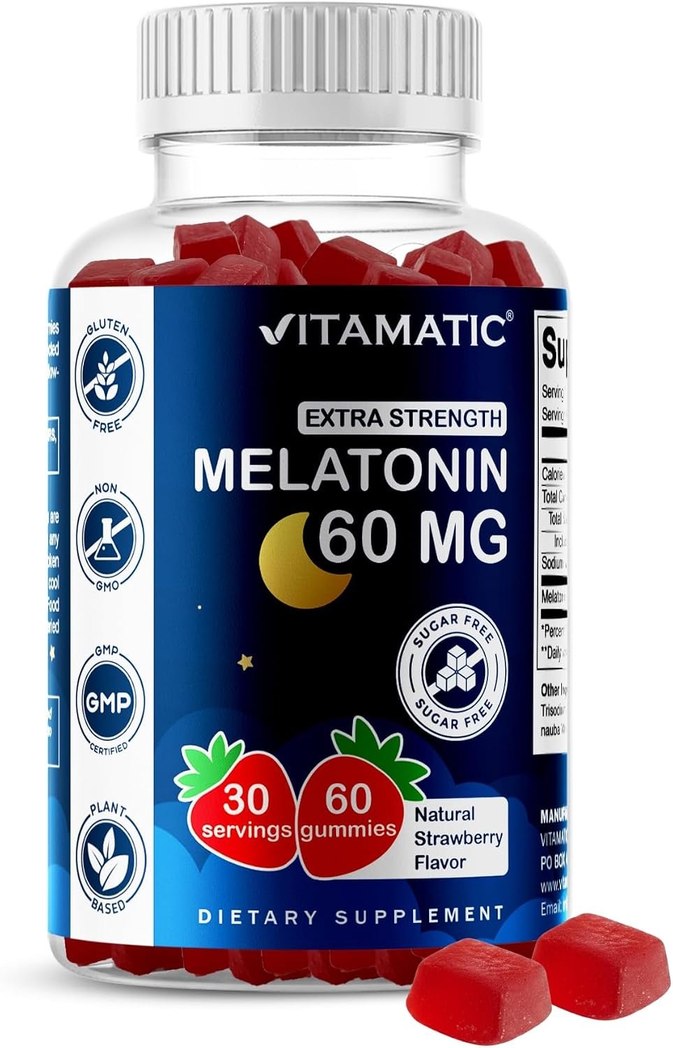 Vitamatic Sugar Free Melatonin 60 mg Per Serving – 60 Vegetarian Gummies | Non-Habit Forming High Potency Melatonin Supplement
