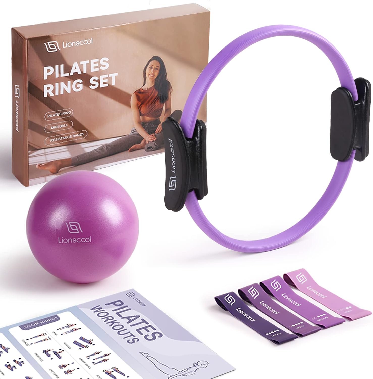 LIONSCOOL Pilates Ring Set – 14″ Anti-Deformation Magic Circle with Padded Handles, 9″ Mini Ball, Elastic Latex Resistance Bands, Guide & Bag