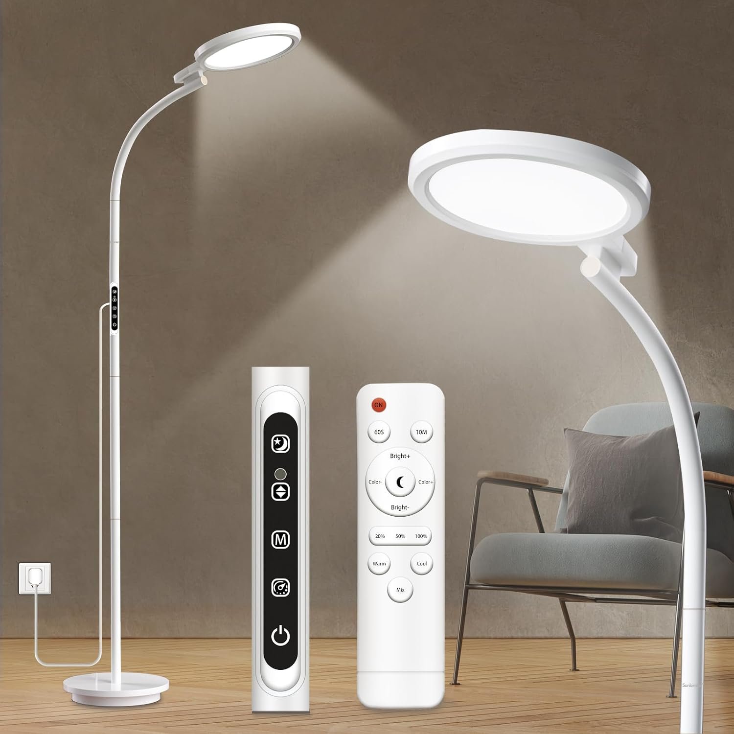 Light Therapy Lamp, 10000 Lux Floor Happy Therapy Light, UV-Free Sun Lamp with 5 Brightness & 5 Color Temperatures, 3 Heights for Apartment/Office/Home