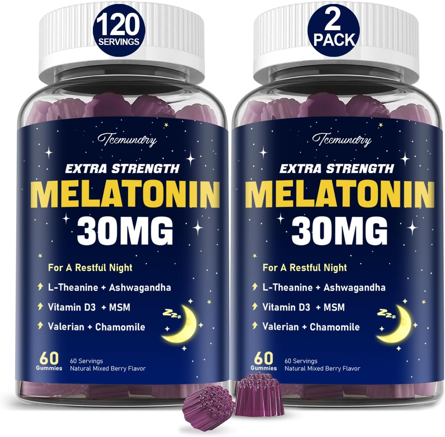 Melatonin Gummies 30mg for Adults: Maximum Strength Melatonin Supplement with L-Theanine, Ashwagandha, MSM, Vitamin D3 & Zinc – Non-Habit Forming, Natural Mixed Berry Flavor 60 Count (Pack of 2)