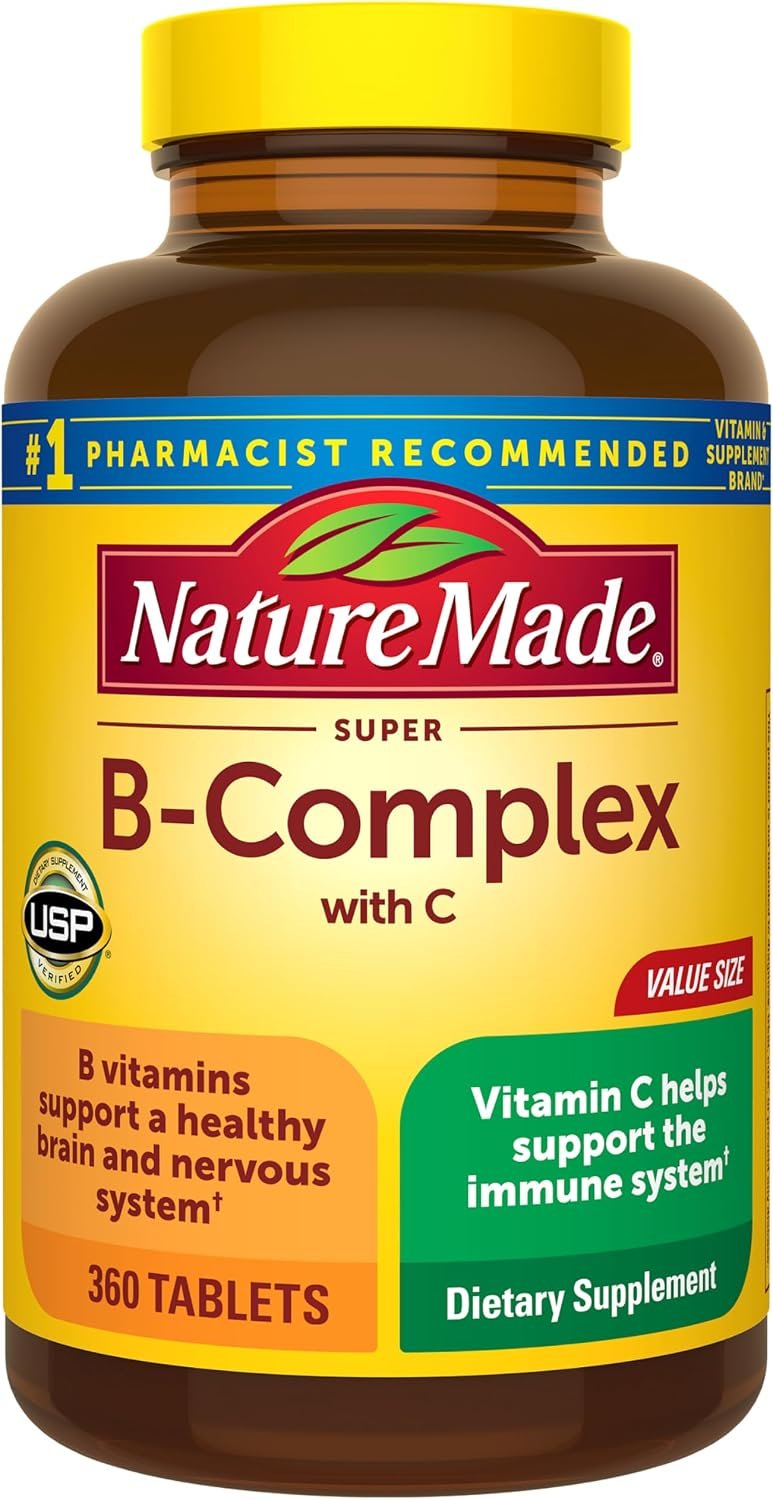 Nature Made Super B Complex with Vitamin C & Folic Acid, 360 Tablets | B Complex Vitamins for Women and Men, Dietary Supplement for Immune Support, Gluten Free, 360 Day Supply