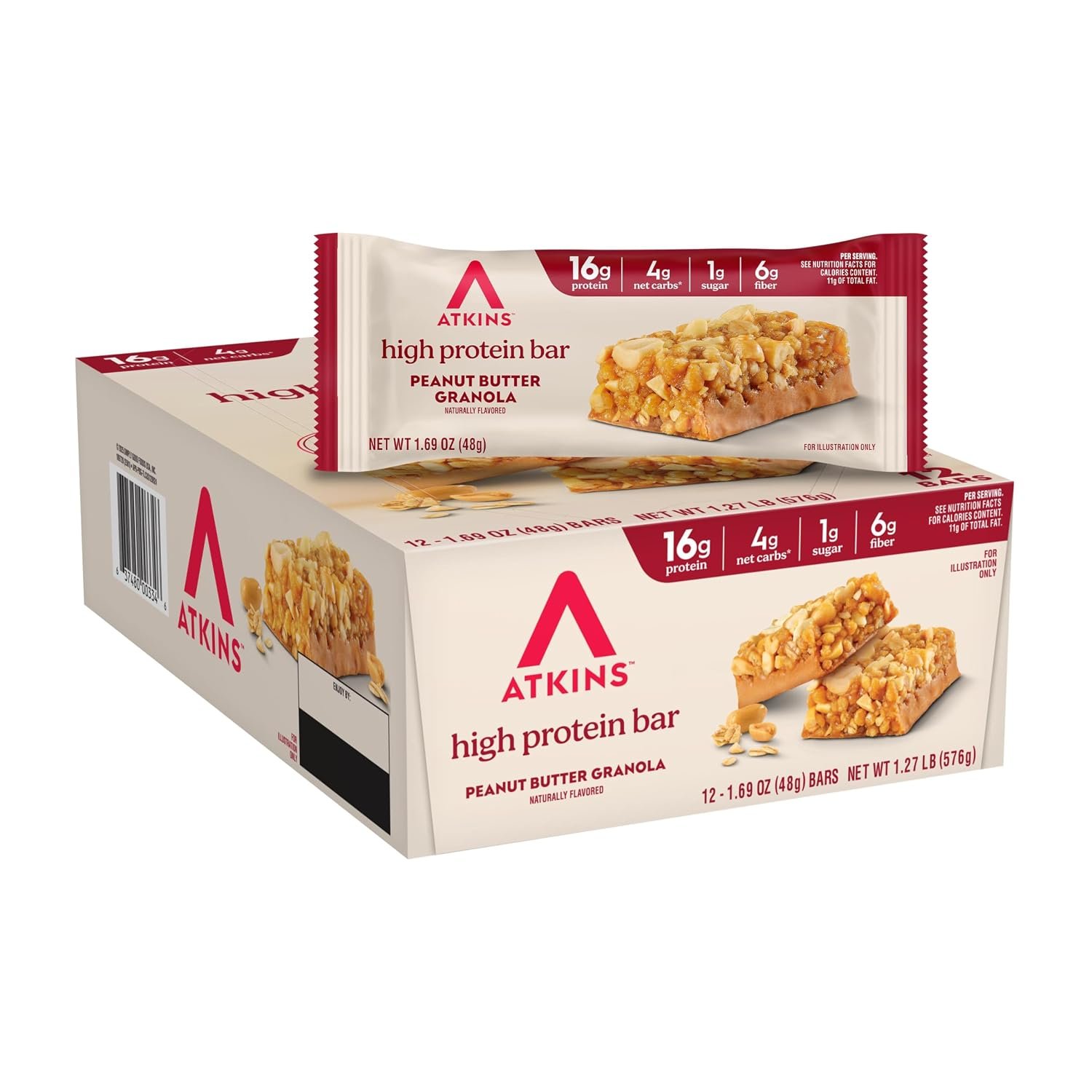 Atkins Peanut Butter Granola High Protein Bar, 16g Protein, 12 Count | 16g Protein, 4g Net Carbs, 1g Sugar, 6g Fiber, Crunchy, Salty and Peanut Buttery Flavor, Individually Wrapped 1.69oz Bars