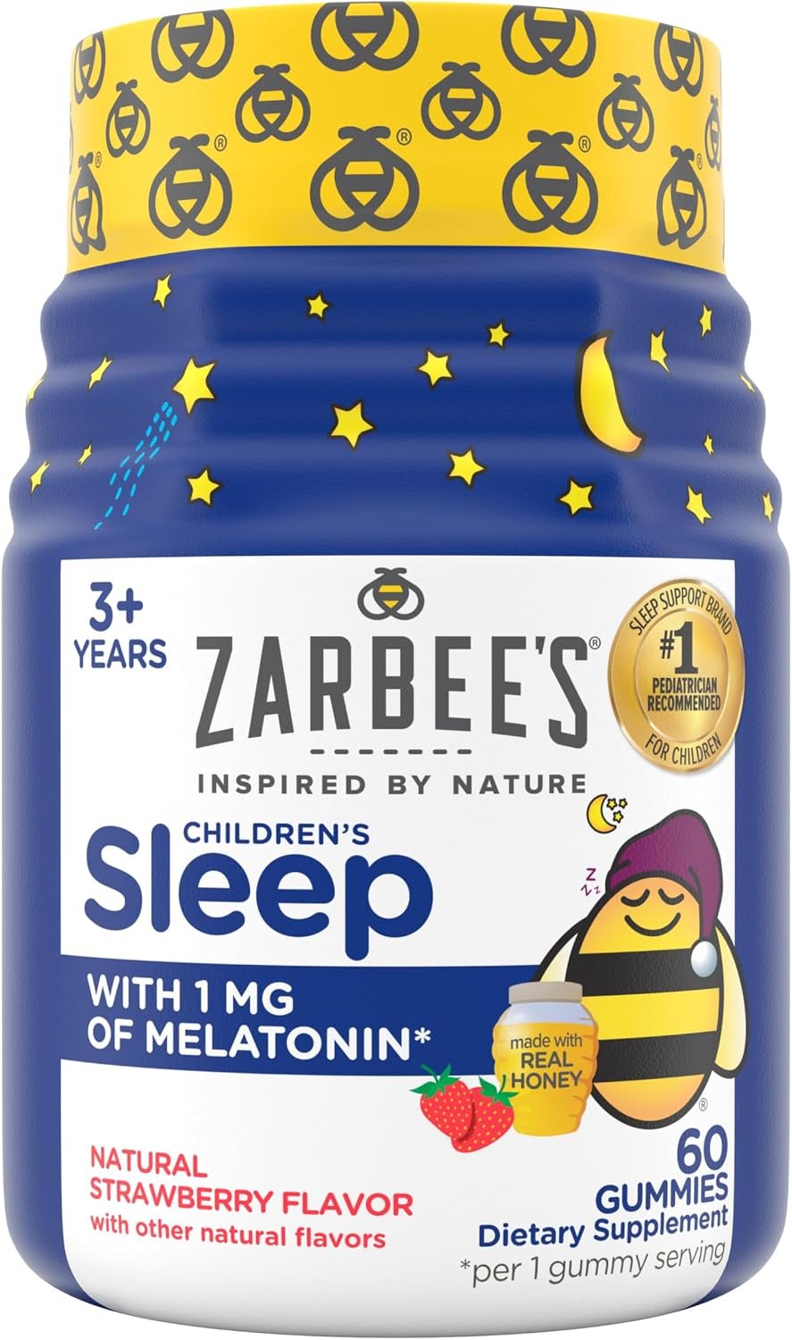 Zarbee’s Kids Sleep, Melatonin 1 Mg Gummies, Natural Strawberry Flavor and Other Natural Flavors, Real Honey, Safe, Effective, Drug Free, Works with Child’s Sleep Cycle, 60 Count Bottle