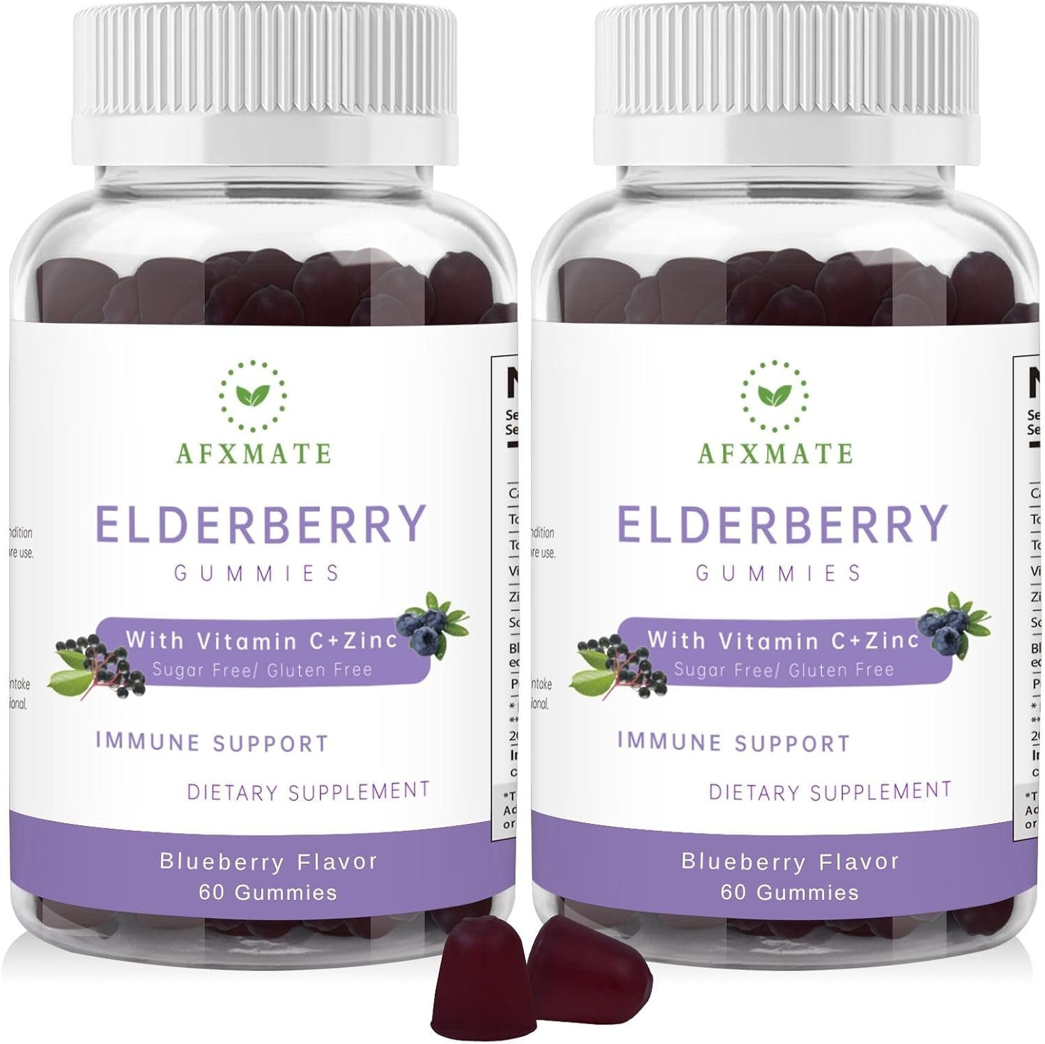 AFXMATE Sambucus Elderberry Gummies, Black Elderberry with Zinc and Vitamin C for Adults, Sugar Free Immune Support* Supplement Gummies (2 Pack)