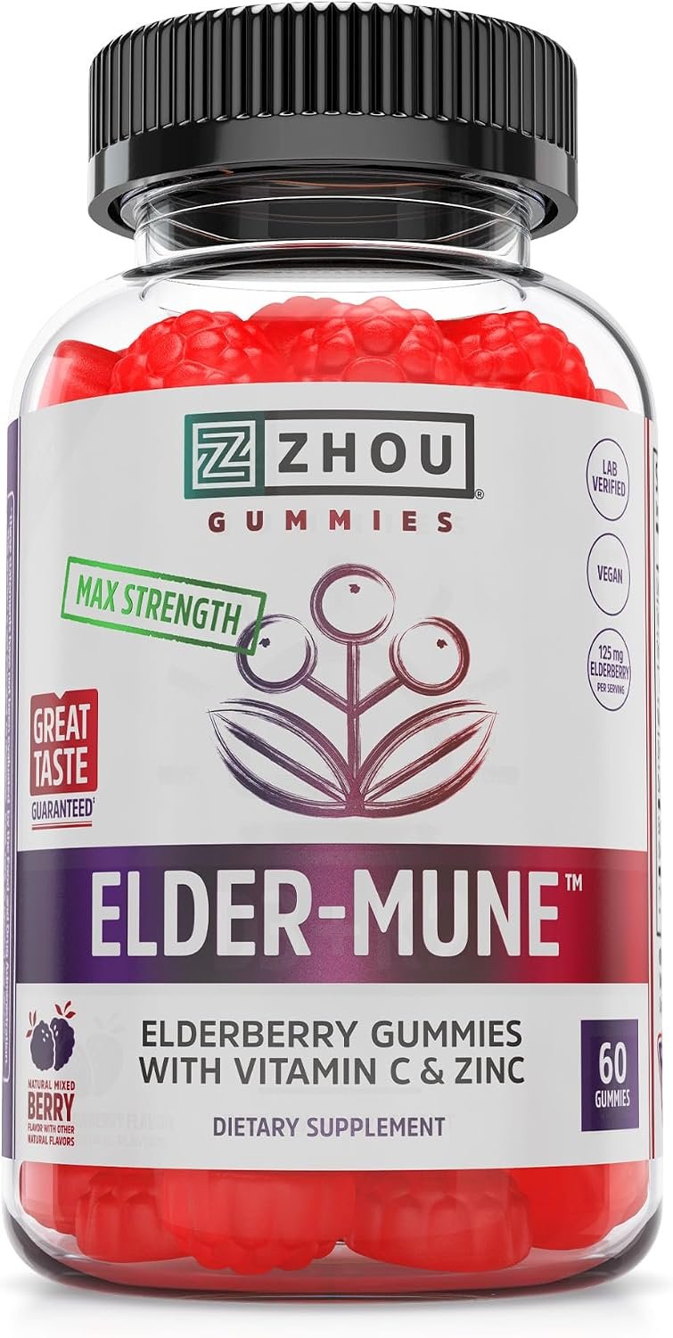 ZHOU Elder-Mune Elderberry Gummies with Vitamin C and Zinc – 60 Gummies | Daily Immune Support Supplement for Women & Men, Chewable Natural Black Elderberry for Adults & Children 4 & Up