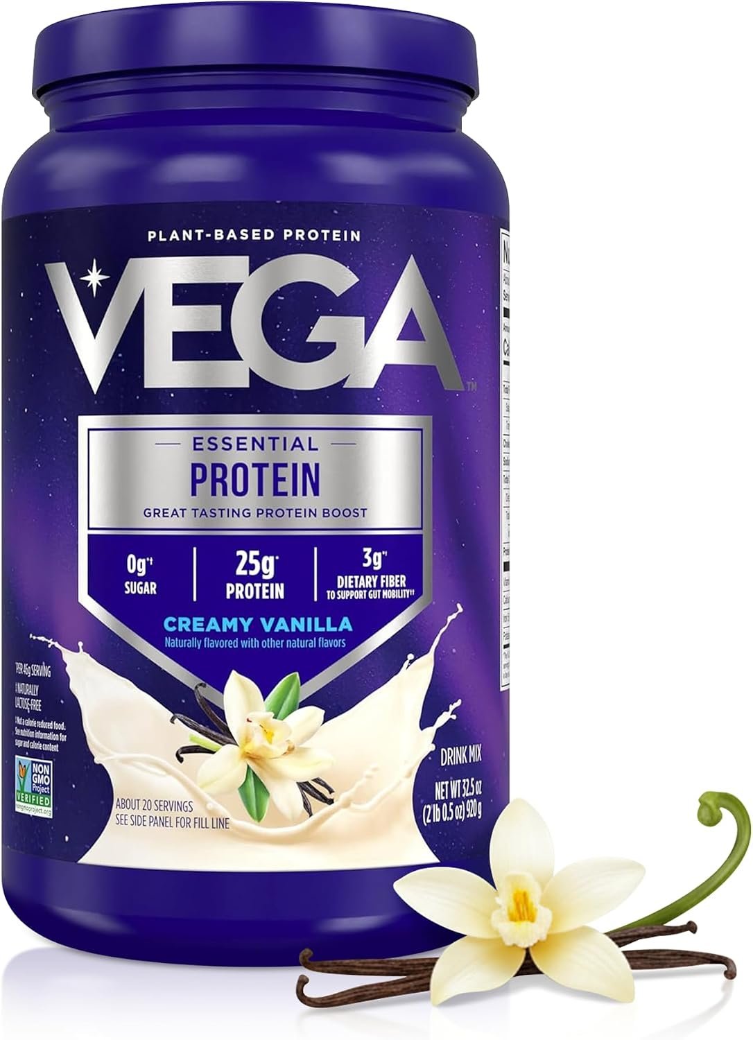 Vega Essential Protein – 25g Vegan Protein Powder, Creamy Vanilla, Dairy-Free Vanilla Shake – Large Tub, 32.5oz (20 Servings)