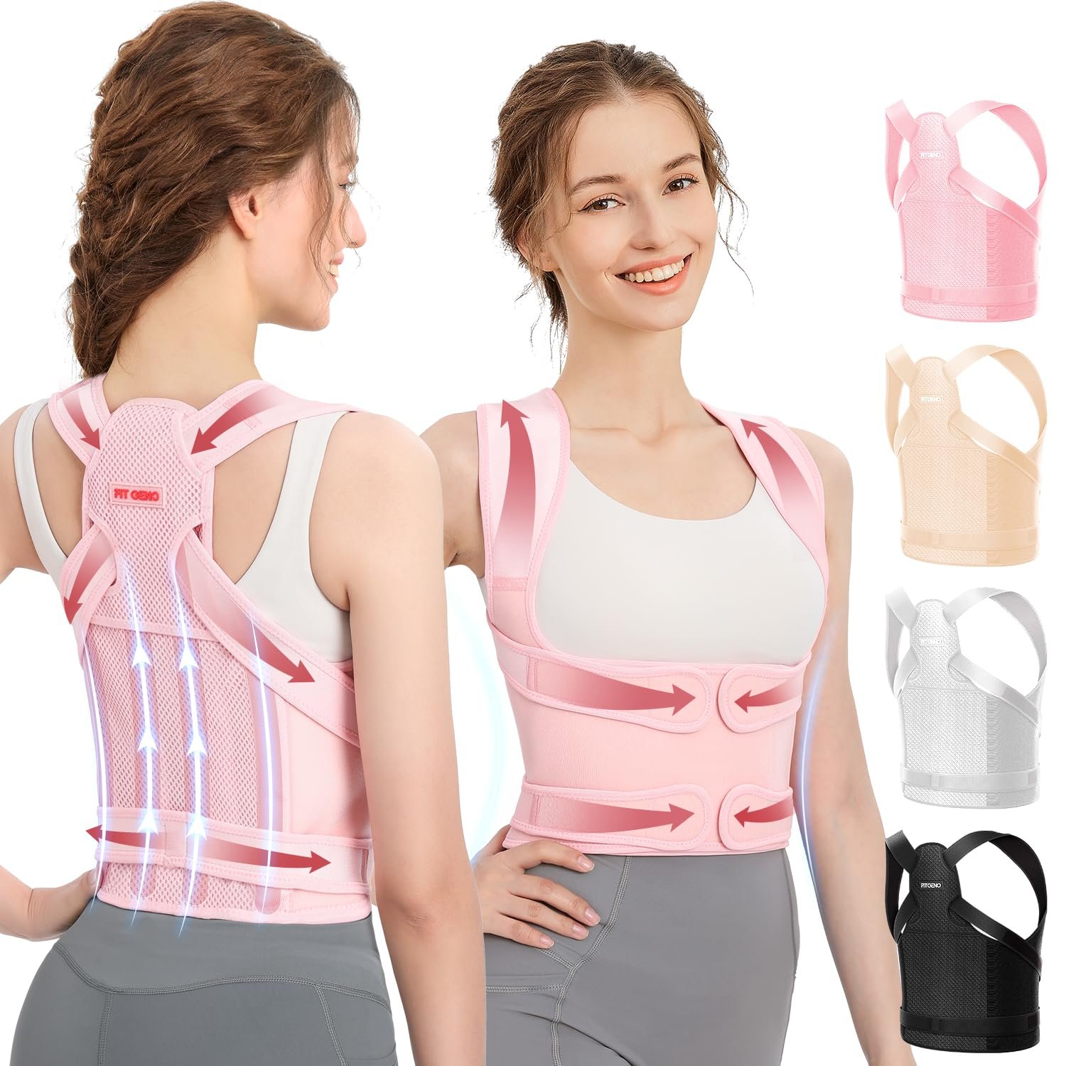 Fit Geno Posture Corrector for Women & Men, Back Shoulder Support Brace | Adjustable & Breathable, Upper Back Straightener Pulls Shoulders for Pain Relief, Neck Hump, Hunchback, Kyphosis, Scoliosis