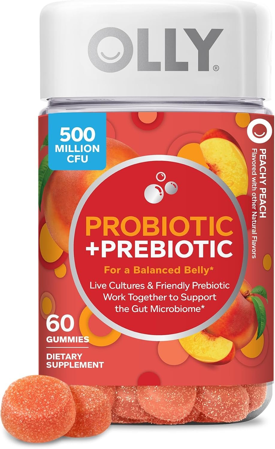 OLLY Probiotic + Prebiotic Gummy, Digestive Support and Gut Health, 500 Million CFUs, Fiber, Adult Chewable Supplement for Men and Women, Peach, 60 Day Supply – 60 Count