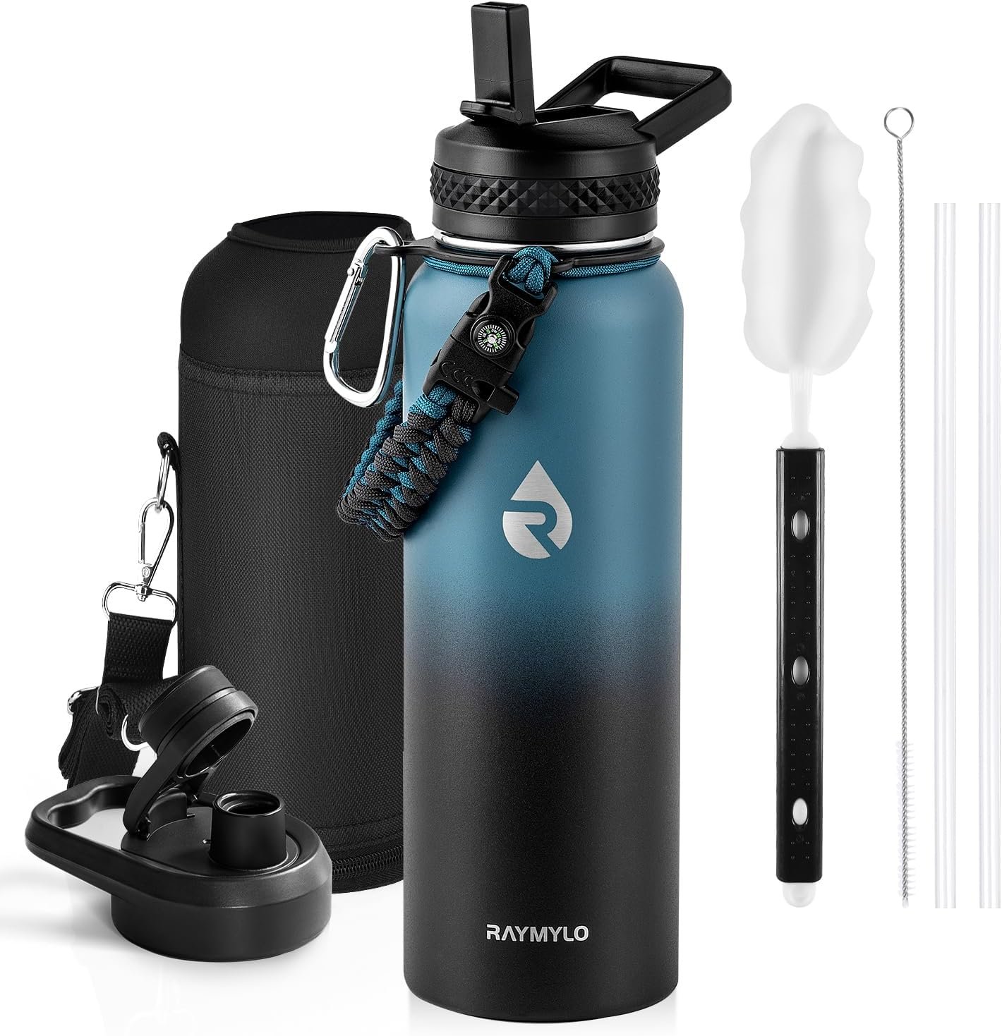 RAYMYLO Insulated Water Bottle 40 oz, Triple Wall Vacuum Stainless Steel (Cold for 36Hrs, Hot for 18Hrs), Leak Proof & Non-BPA, Modern Water Flask Jug with Paracord Handle & Straw Spout Lids