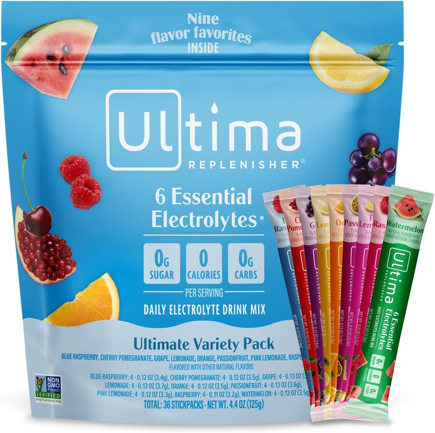 Ultima Replenisher Ultimate Variety Electrolyte Packets, 36 Stickpacks | Daily Zero Sugar Powder Hydration Packets with 6 Key Electrolytes & Minerals – Sugar Free, Plant Based & Keto Friendly