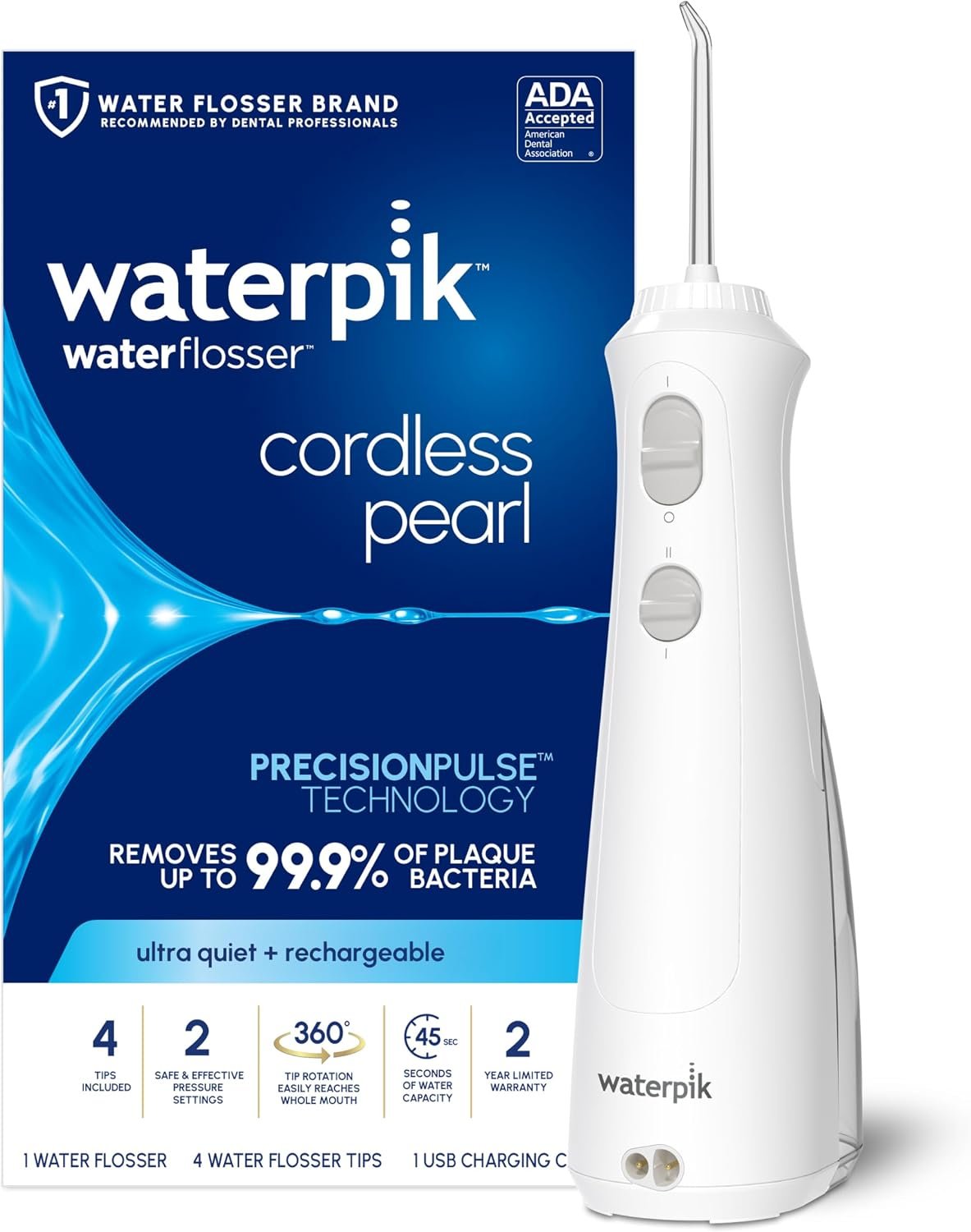Waterpik Cordless Pearl Portable Water Flosser, Rechargeable, White | 2 Settings, 4 Tips, for Daily Gum Health & Cleaning Teeth, Dental Braces, Implants, ADA Accepted, WF-13 Amazon Exclusive