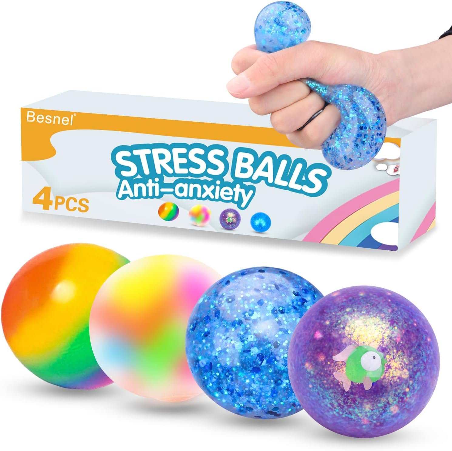 Besnel Sensory Stress Balls Set, Squishy Stress Ball, 4 Pack Squeeze Ball for Adults, Autism Hyperactivity , Stress Relieve, Increase Entertainment