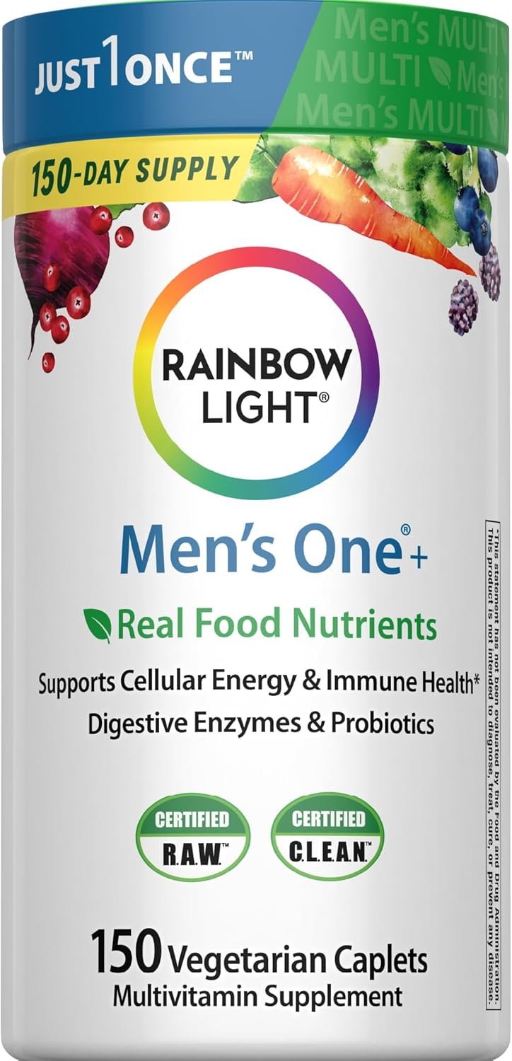 Rainbow Light Mens Multivitamin One + | 150 Caplets | Supports Cellular Energy & Immune Health | with Vitamins C, D, and Zinc | Real Food Nutrients, Digestive Enzymes & Probiotics