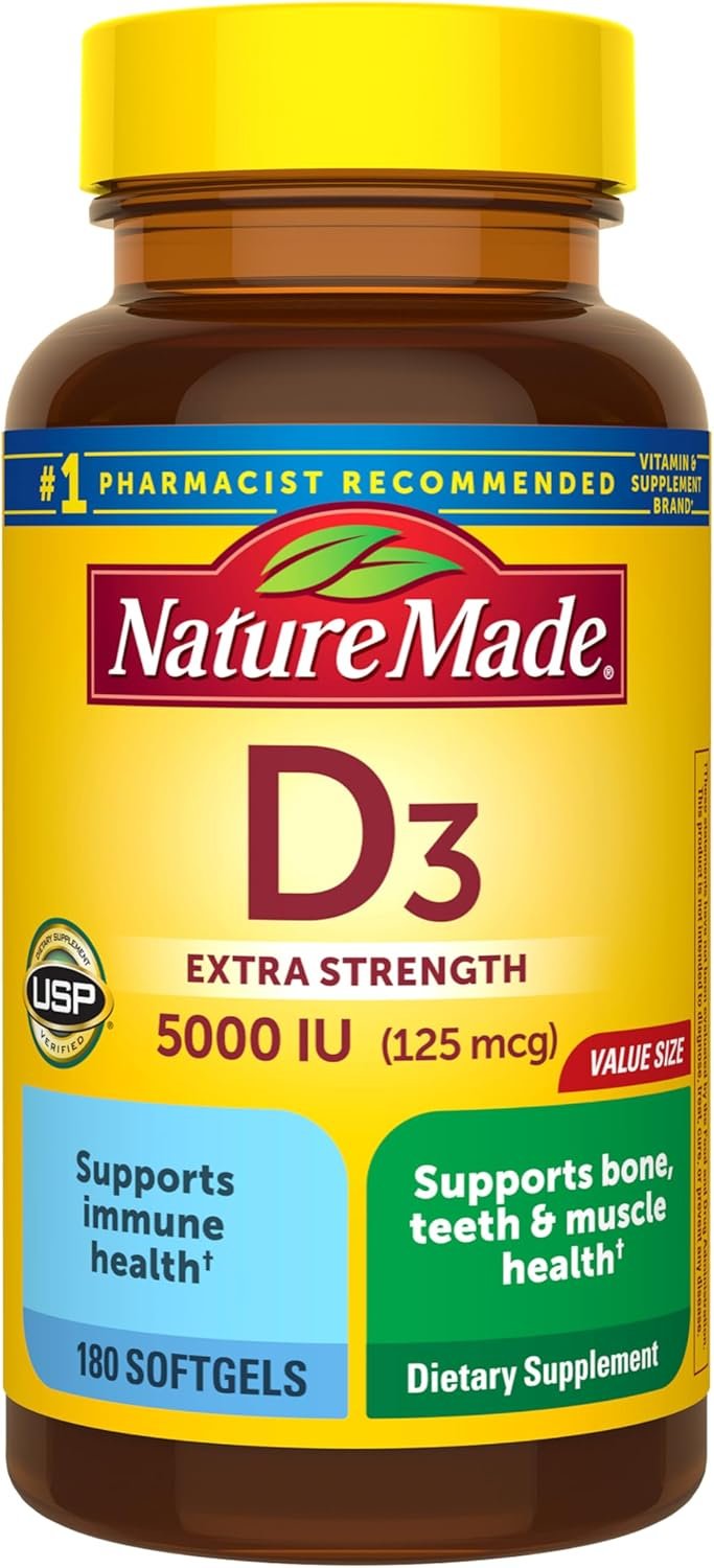 Nature Made Vitamin D3 5000 IU (125 mcg), 180 Vitamin D Softgels | Extra Strength Vitamin D Supplement for Immune, Bone, Teeth and Muscle Health Support, 180 Day Supply