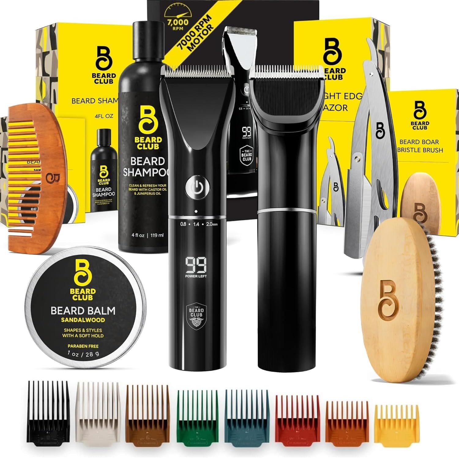 Beard Club Mens Grooming Kit & Beard Trimmer for Men – Professional Cordless Electric Hair & Moustache Trimmer, Straight Razor, Shampoo, Balm, Brush & Comb – Grooming Kit Gift Set