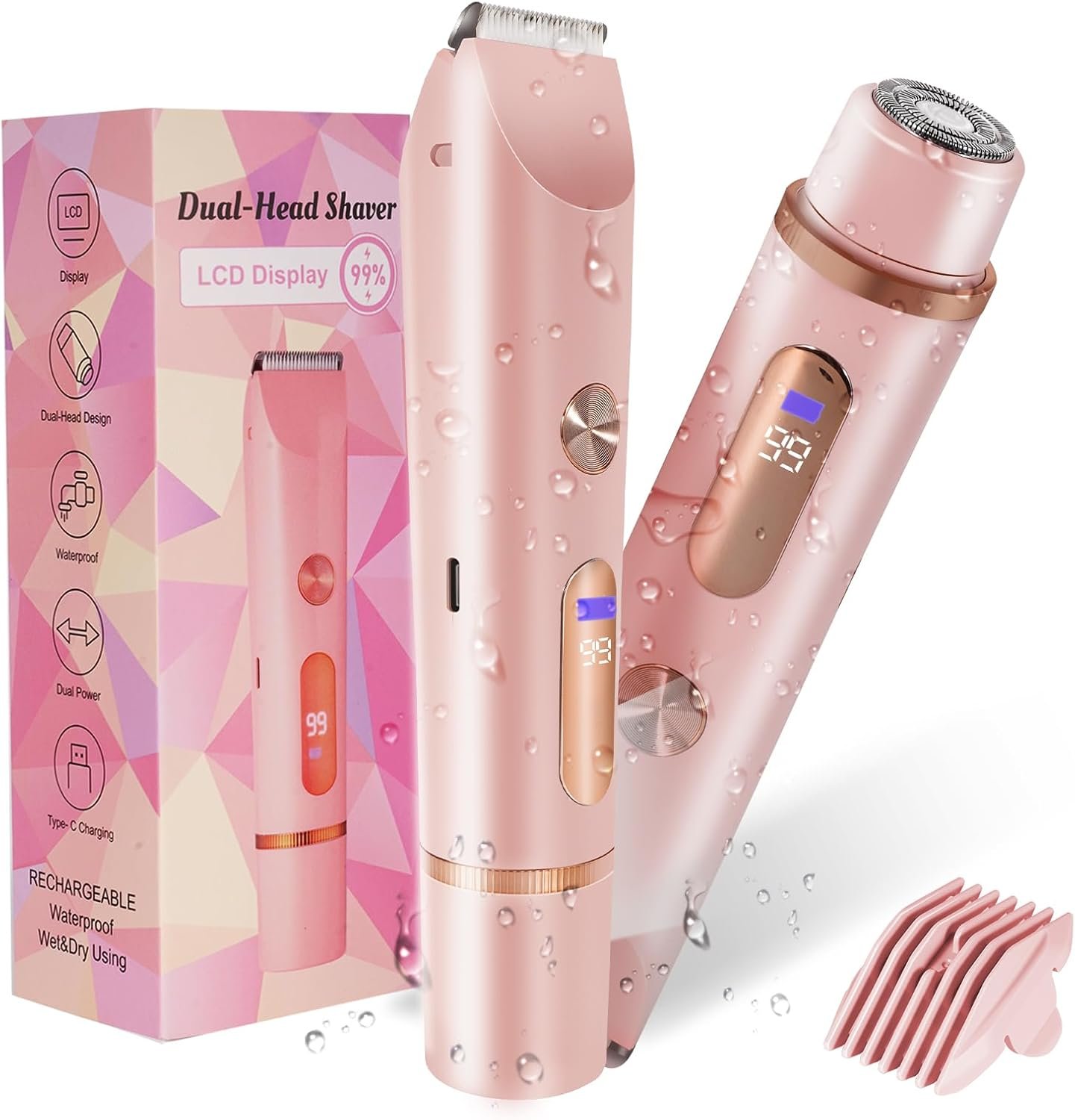 Bikini Trimmer for Women 2in1 High Power Epilators Hair Removal Waterproof Electric Razors Women’s Electric Razor Pubic Hair Trimmer Shaver for Women for Ladies Pubic, Face, Underarms, Legs (Pink)