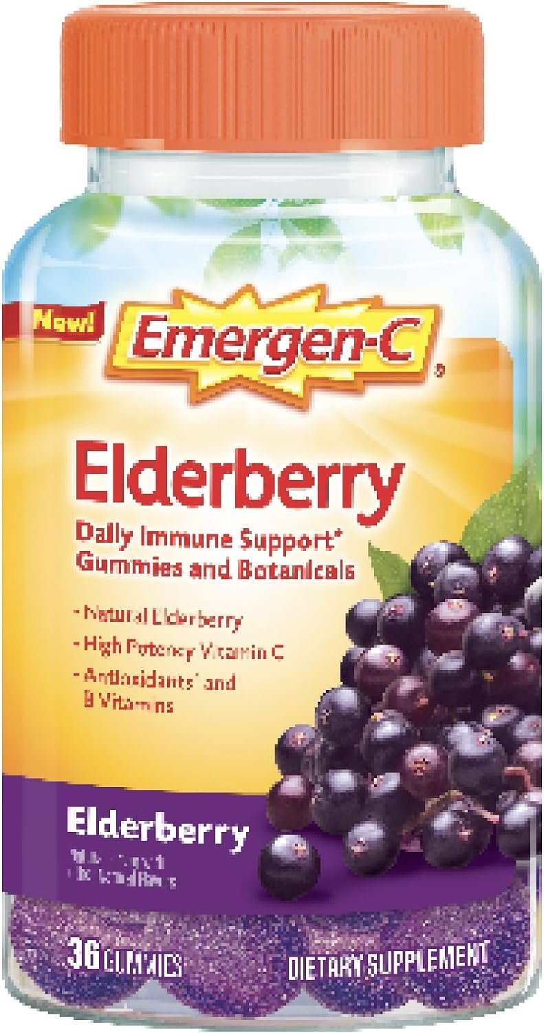 Emergen-C Elderberry Vitamin C Gummies, Immune Support, Berry, 36 Gummies | High Potency Vitamin C, Zinc and Manganese, B Vitamins, Botanical, Gluten Free, Gummy Format