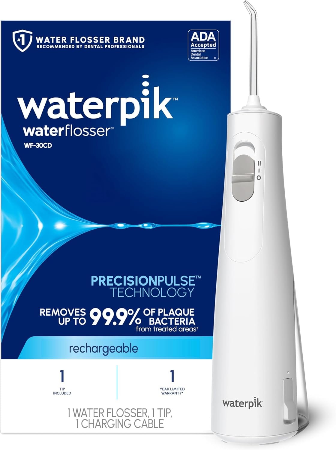 Waterpik Cordless 1100 Rechargeable Portable Water Flosser for Teeth Cleaning and Flossing, Travel, Braces Care, Healthier Gums, Waterproof for Shower, ADA Accepted, WF-30CD White, Packaging May Vary