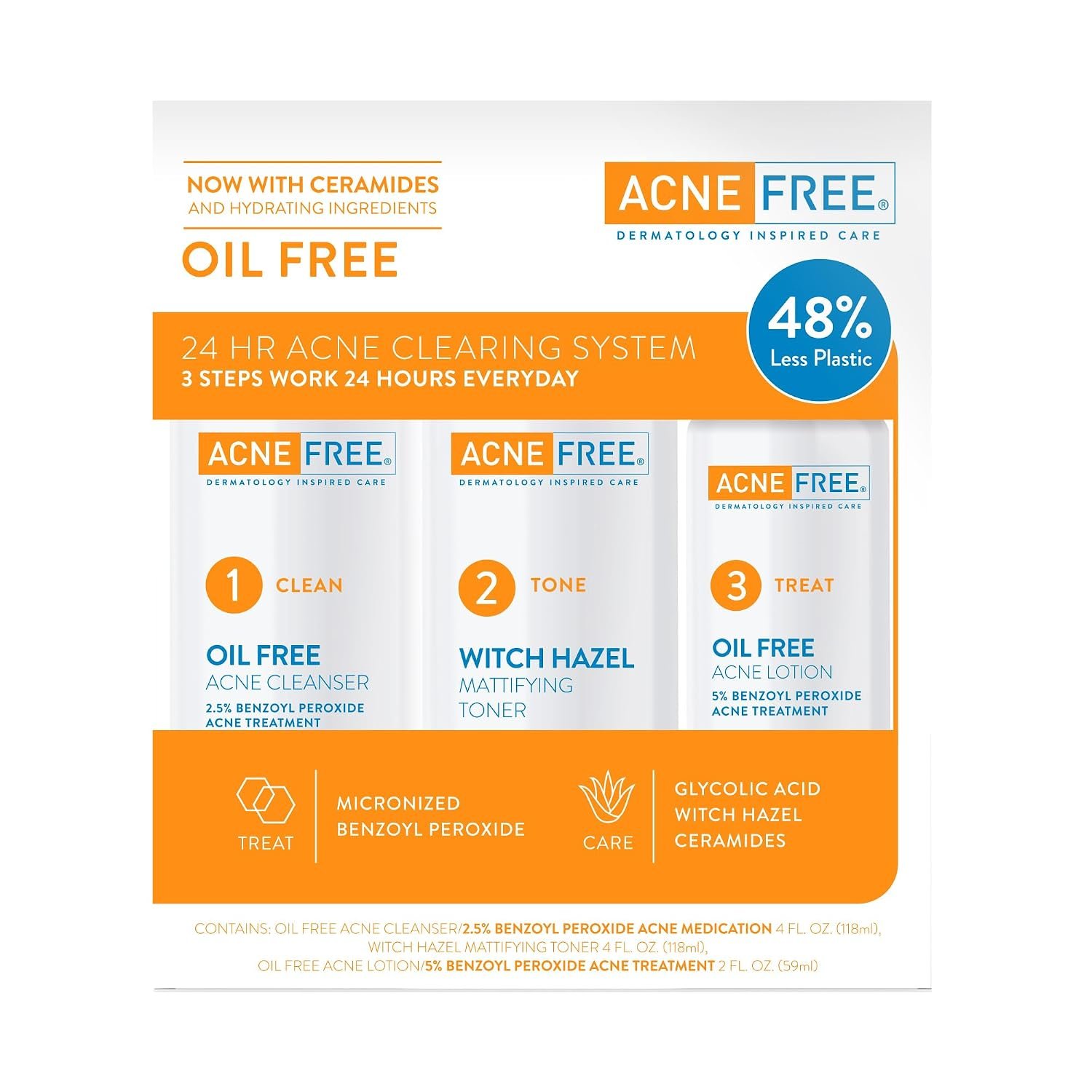 Acne Free 3 Step 24 Hour Acne Treatment Kit – Clearing System W Oil Free Acne Cleanser, Witch Hazel Toner, & Oil Free Acne Lotion – Acne Solution W/ Benzoyl Peroxide for Teens and Adults – Original