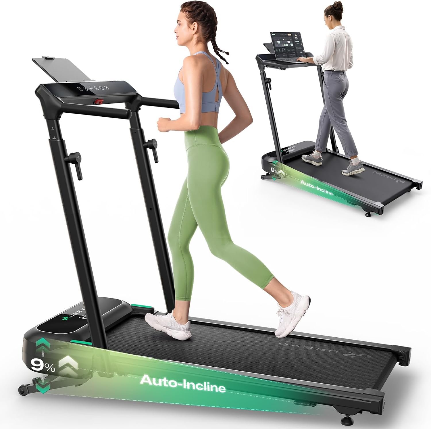 UREVO Auto Incline Walking Pad with AI App, Adjustable Handlebar & Multifunctional Desk, 9% Power Incline Brushless Quiet Motorized Treadmill for Apartments, 12-Point Shock & Immersive Hiking