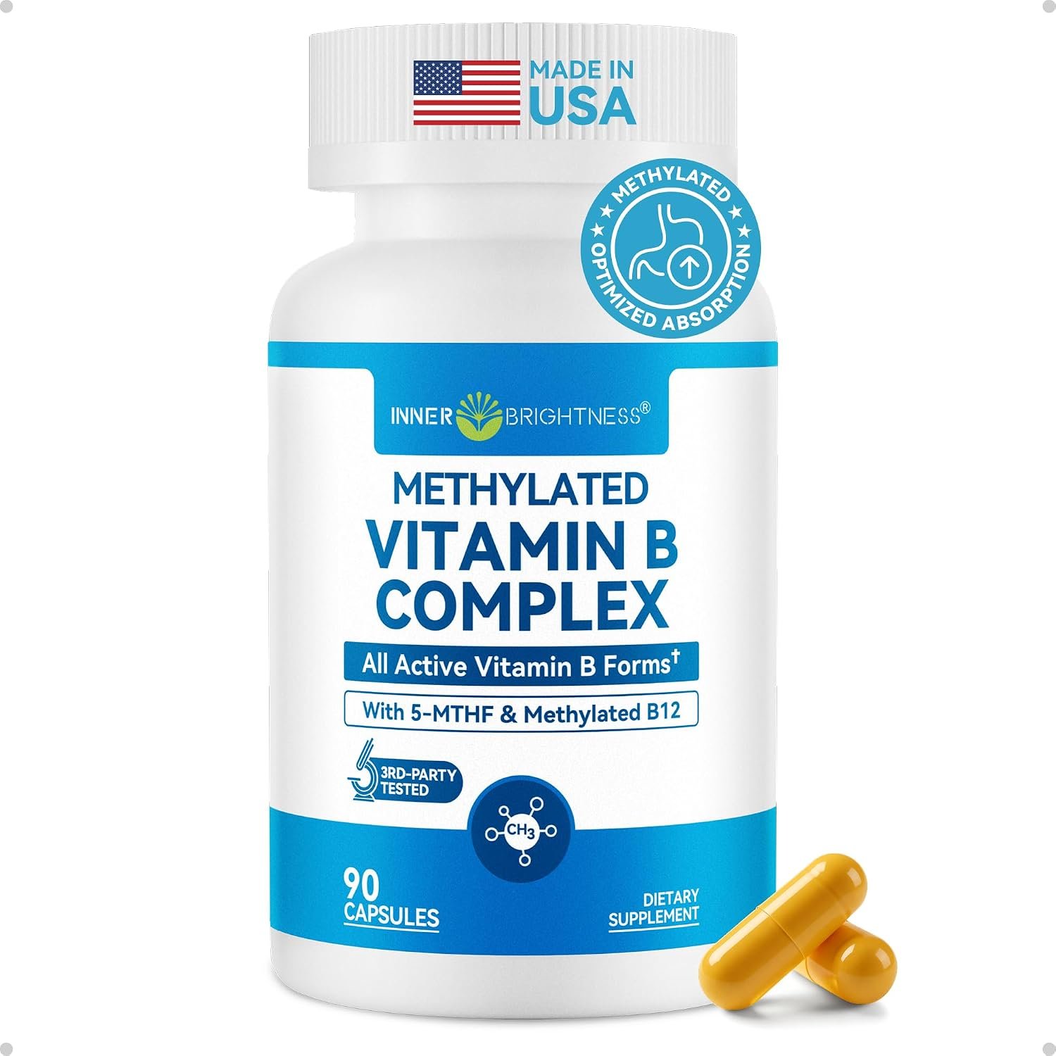Inner Brightness Vitamin B Complex – Fully Methylated Active B12, B6, Folate – for Energy, Focus, Mood & Nerve Health – Non-GMO Vegan Gluten-Free with B1, B2, B3, B7-90 Capsules for 3 Months